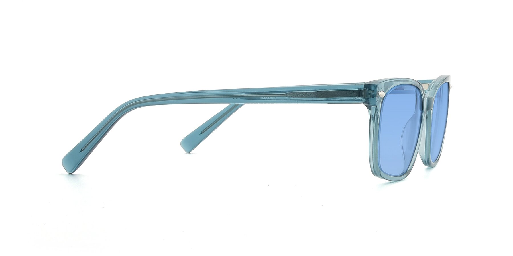 Side of 17349 in Transparent Cyan with Medium Blue Tinted Lenses