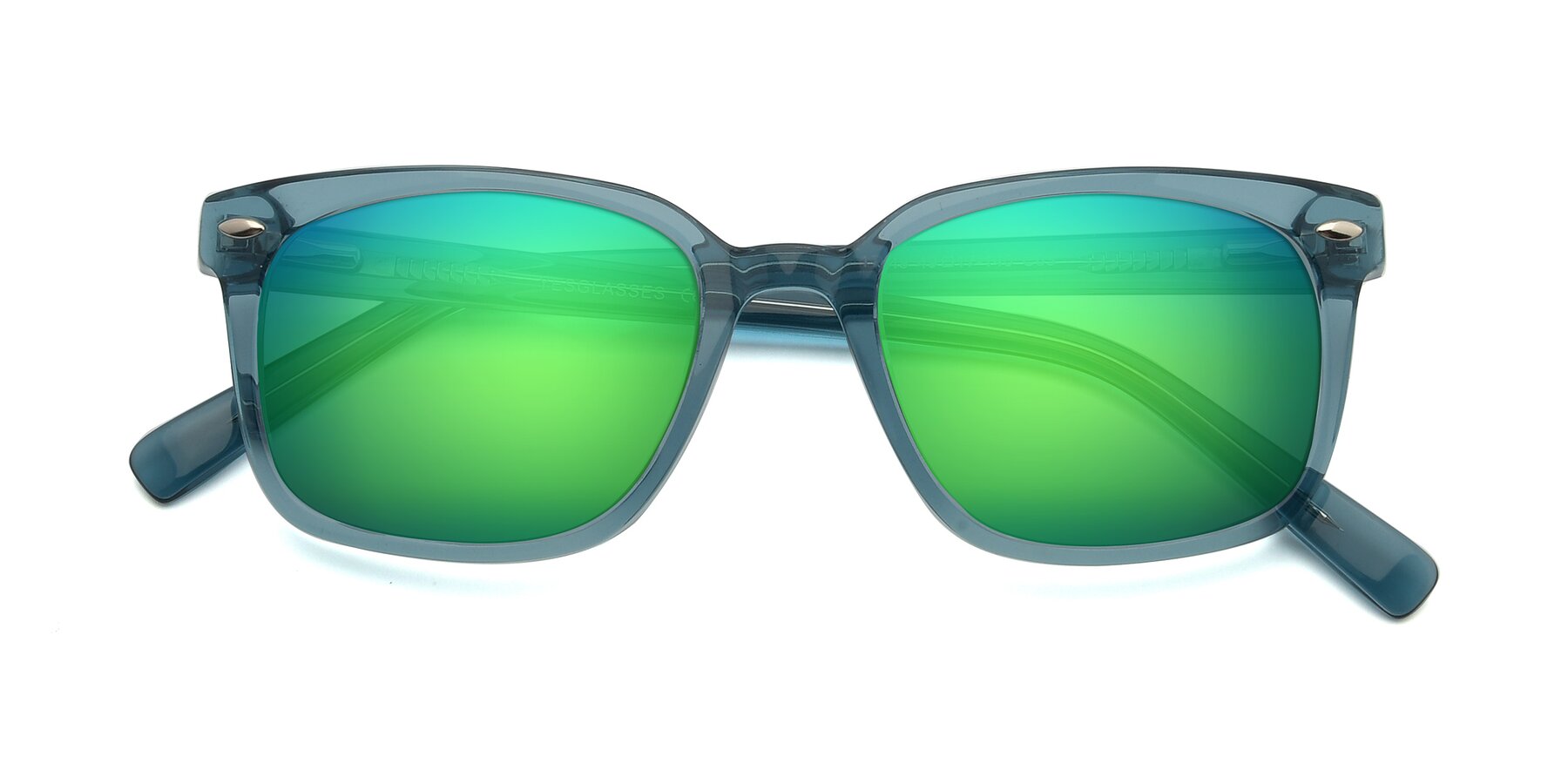 Folded Front of 17349 in Transparent Cyan with Green Mirrored Lenses