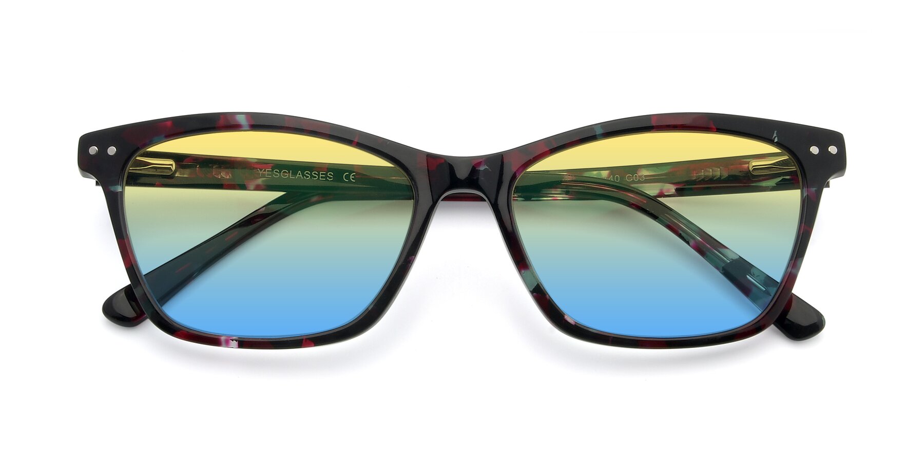 Folded Front of 17350 in Floral Tortoise with Yellow / Blue Gradient Lenses