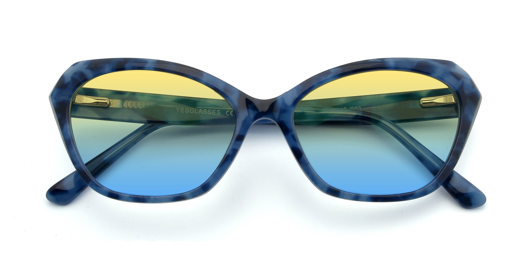 Folded Front of 17351 in Floral Blue with Yellow / Blue Gradient Lenses