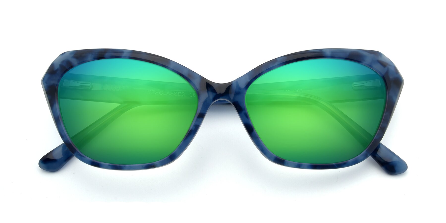 Folded Front of 17351 in Floral Blue with Green Mirrored Lenses