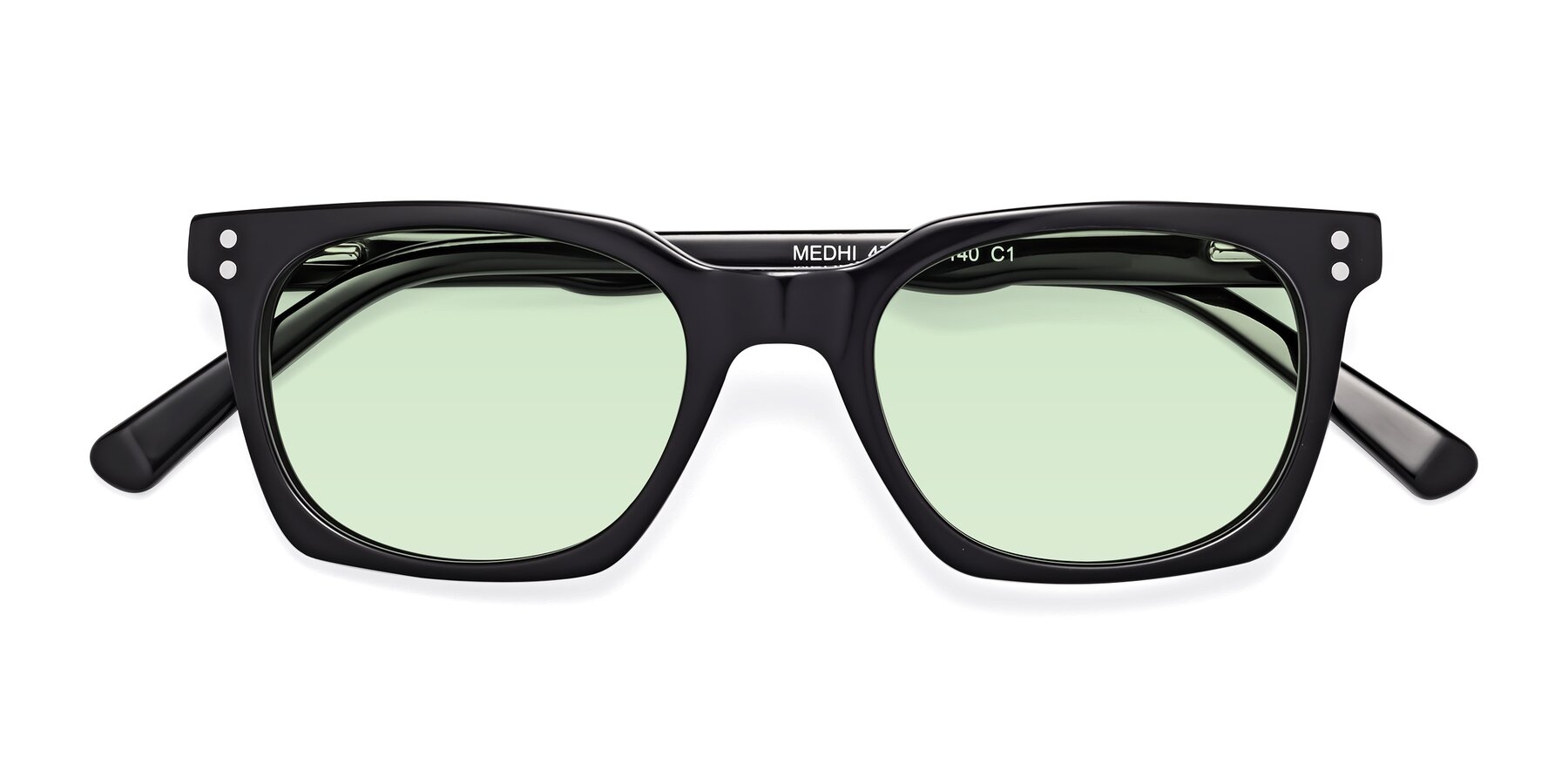 Folded Front of Medhi in Black with Light Green Tinted Lenses