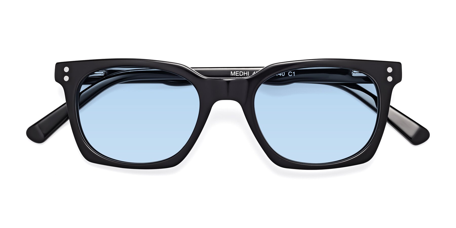 Folded Front of Medhi in Black with Light Blue Tinted Lenses