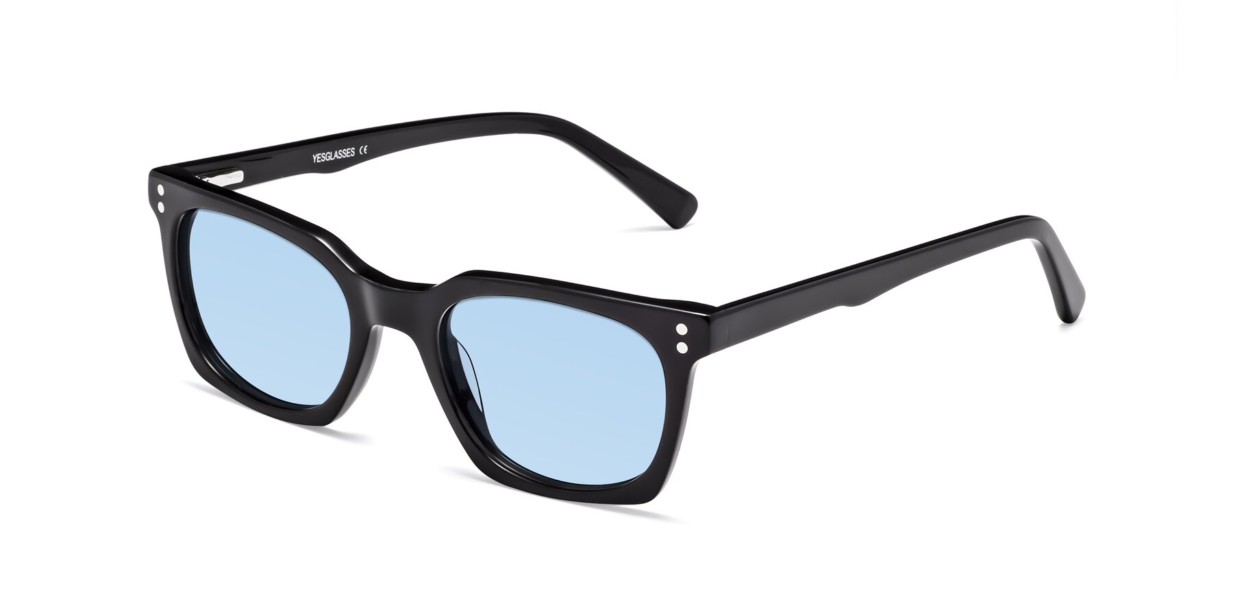 Angle of Medhi in Black with Light Blue Tinted Lenses