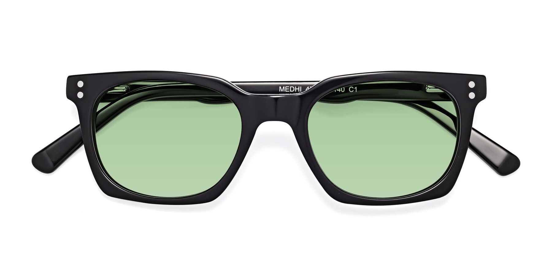 Folded Front of Medhi in Black with Medium Green Tinted Lenses