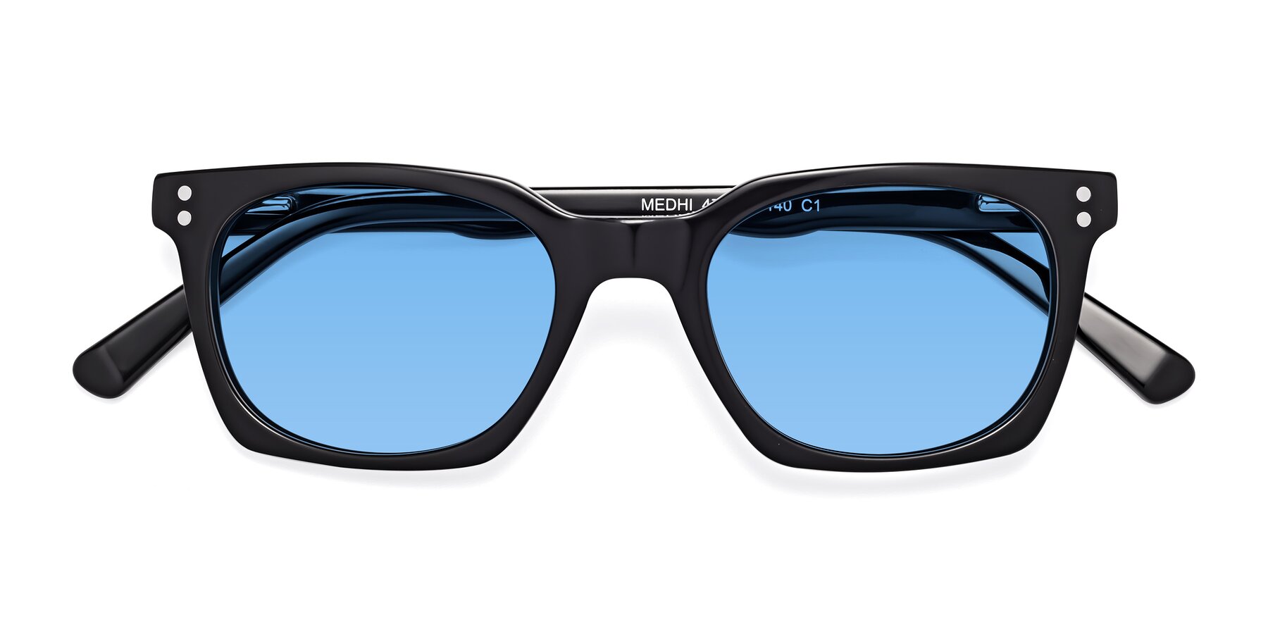 Folded Front of Medhi in Black with Medium Blue Tinted Lenses