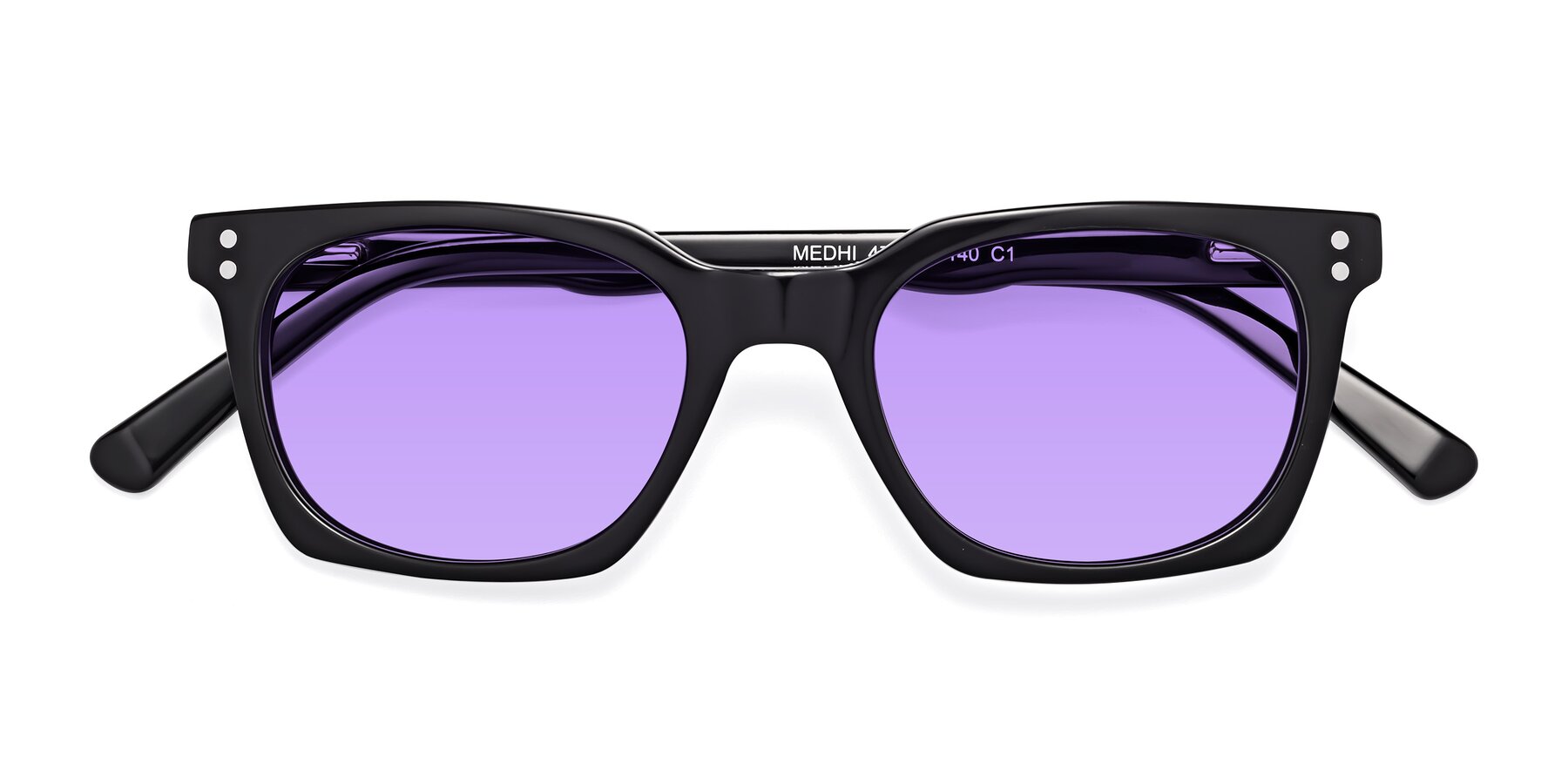 Folded Front of Medhi in Black with Medium Purple Tinted Lenses