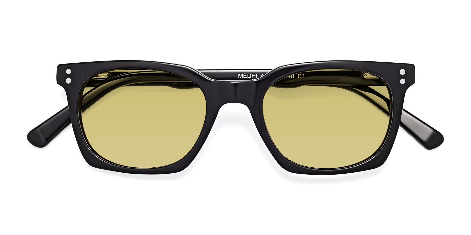Folded Front of Medhi in Black with Medium Champagne Tinted Lenses