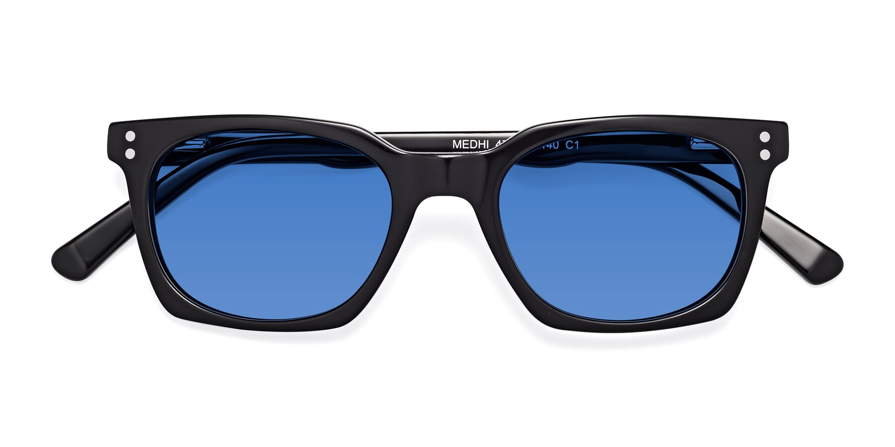 Folded Front of Medhi in Black with Blue Tinted Lenses