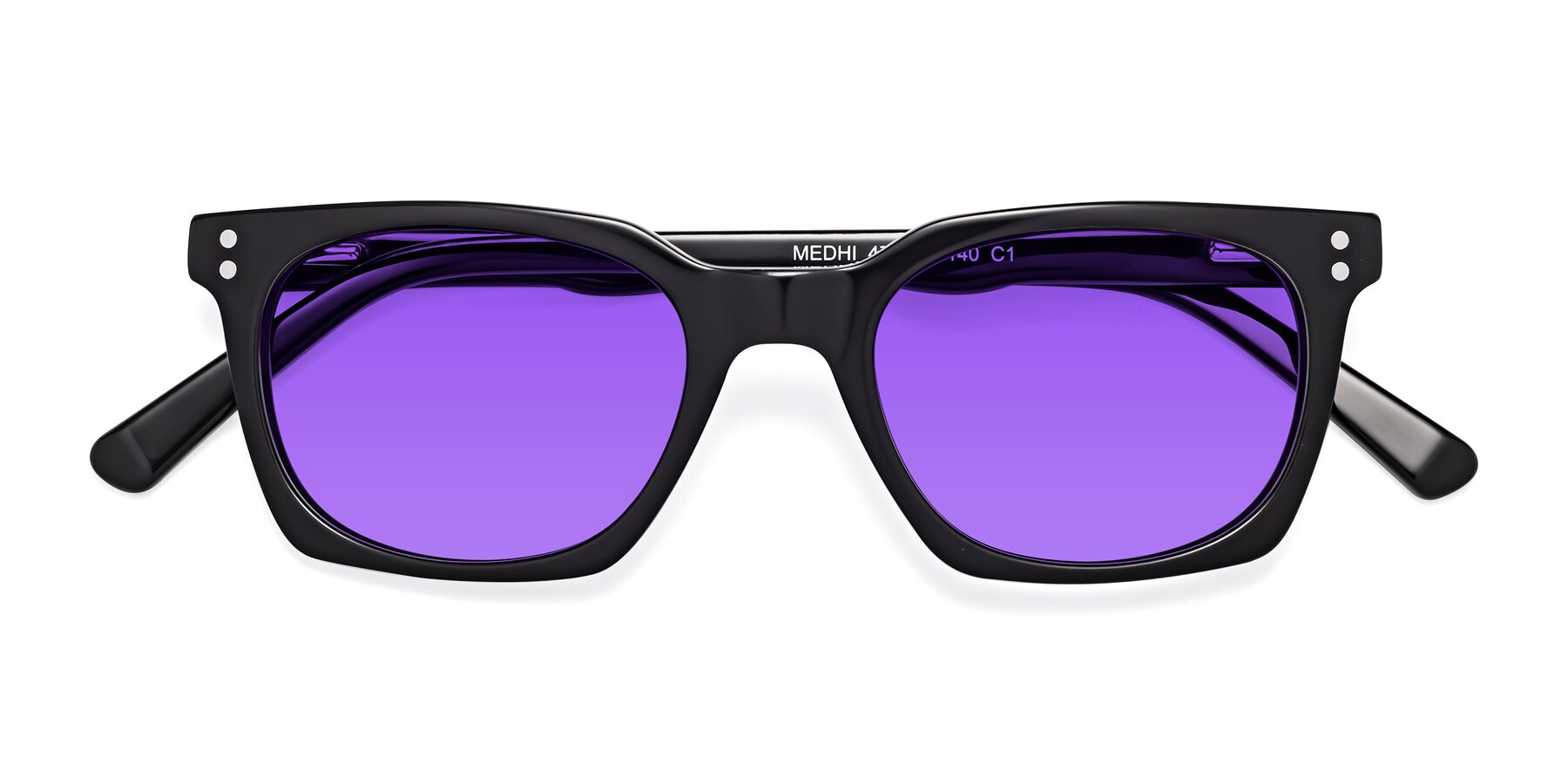 Folded Front of Medhi in Black with Purple Tinted Lenses