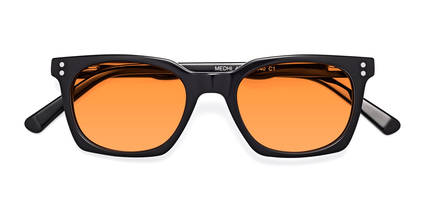 Folded Front of Medhi in Black with Orange Tinted Lenses