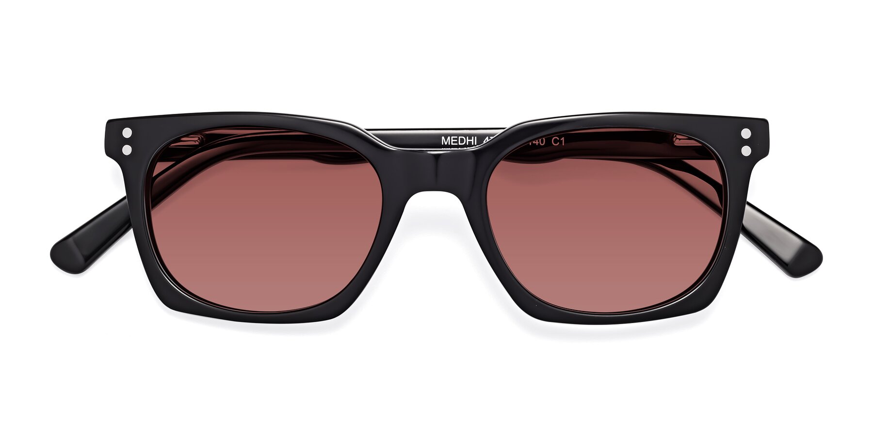 Folded Front of Medhi in Black with Garnet Tinted Lenses