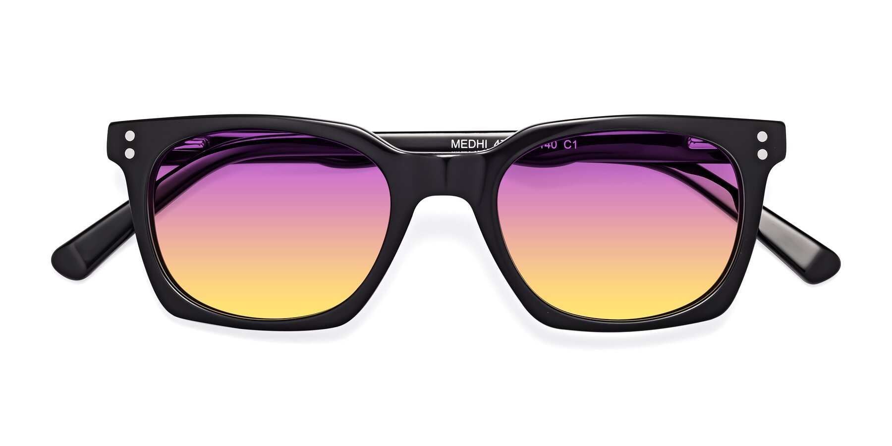 Folded Front of Medhi in Black with Purple / Yellow Gradient Lenses