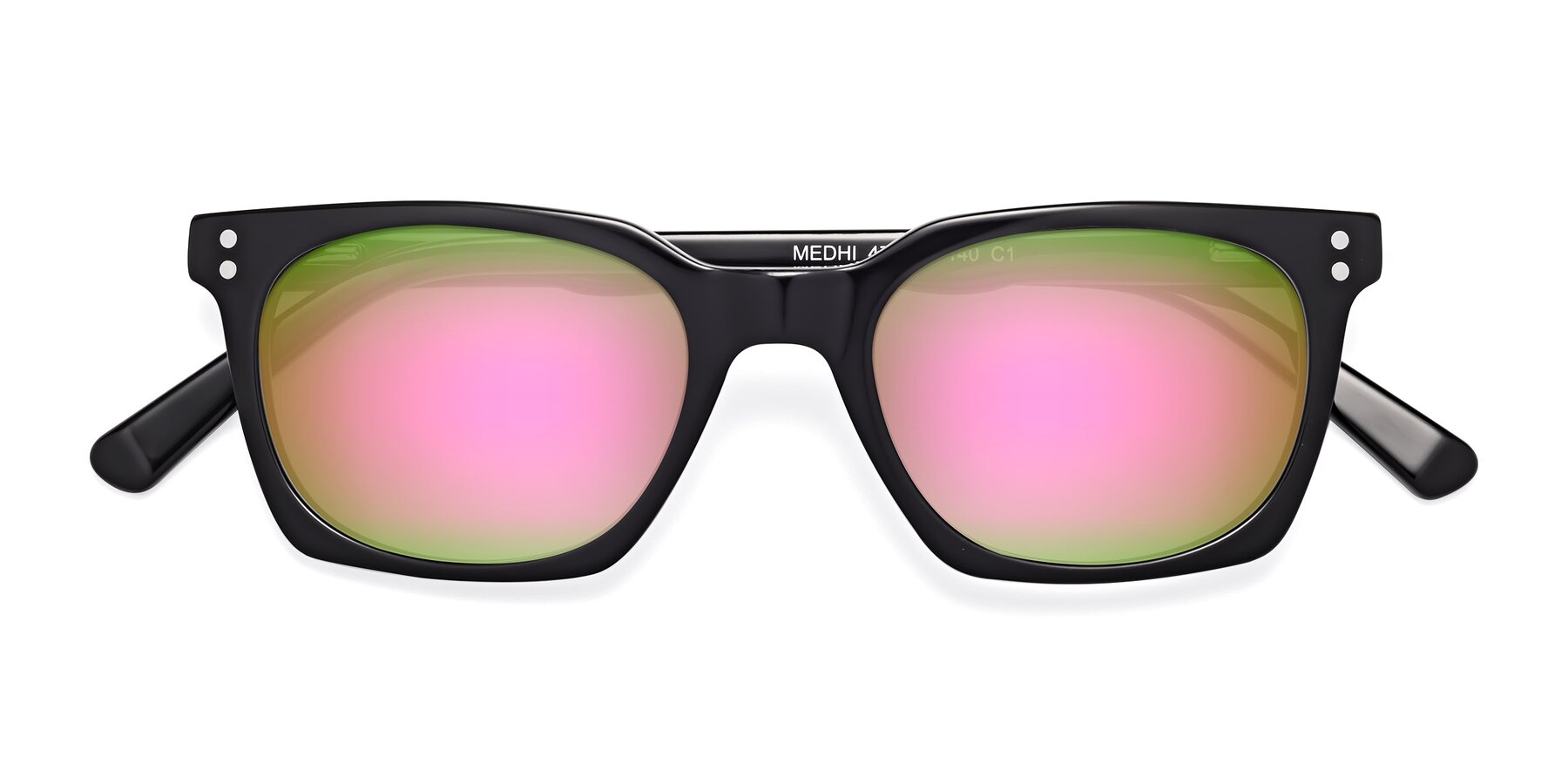 Folded Front of Medhi in Black with Pink Mirrored Lenses
