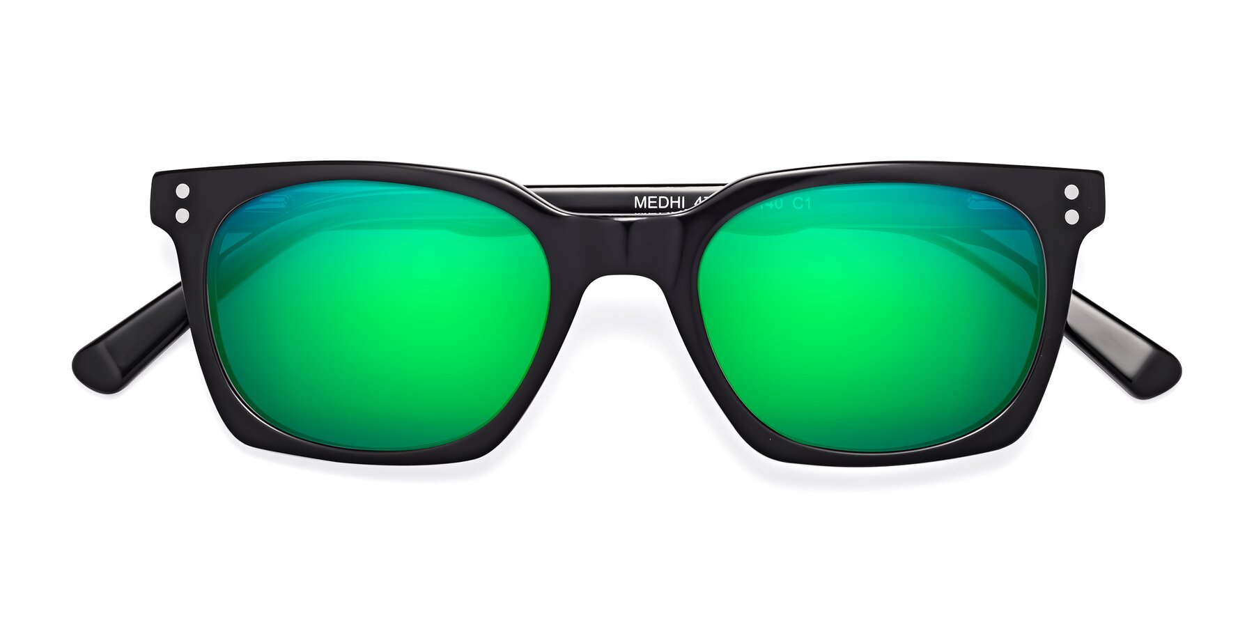 Folded Front of Medhi in Black with Green Mirrored Lenses