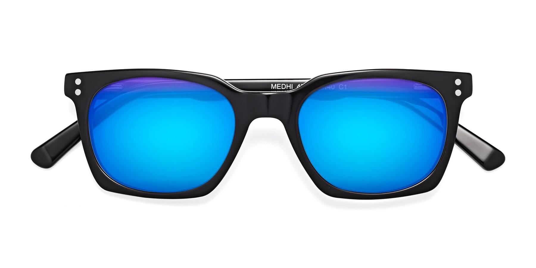 Folded Front of Medhi in Black with Blue Mirrored Lenses
