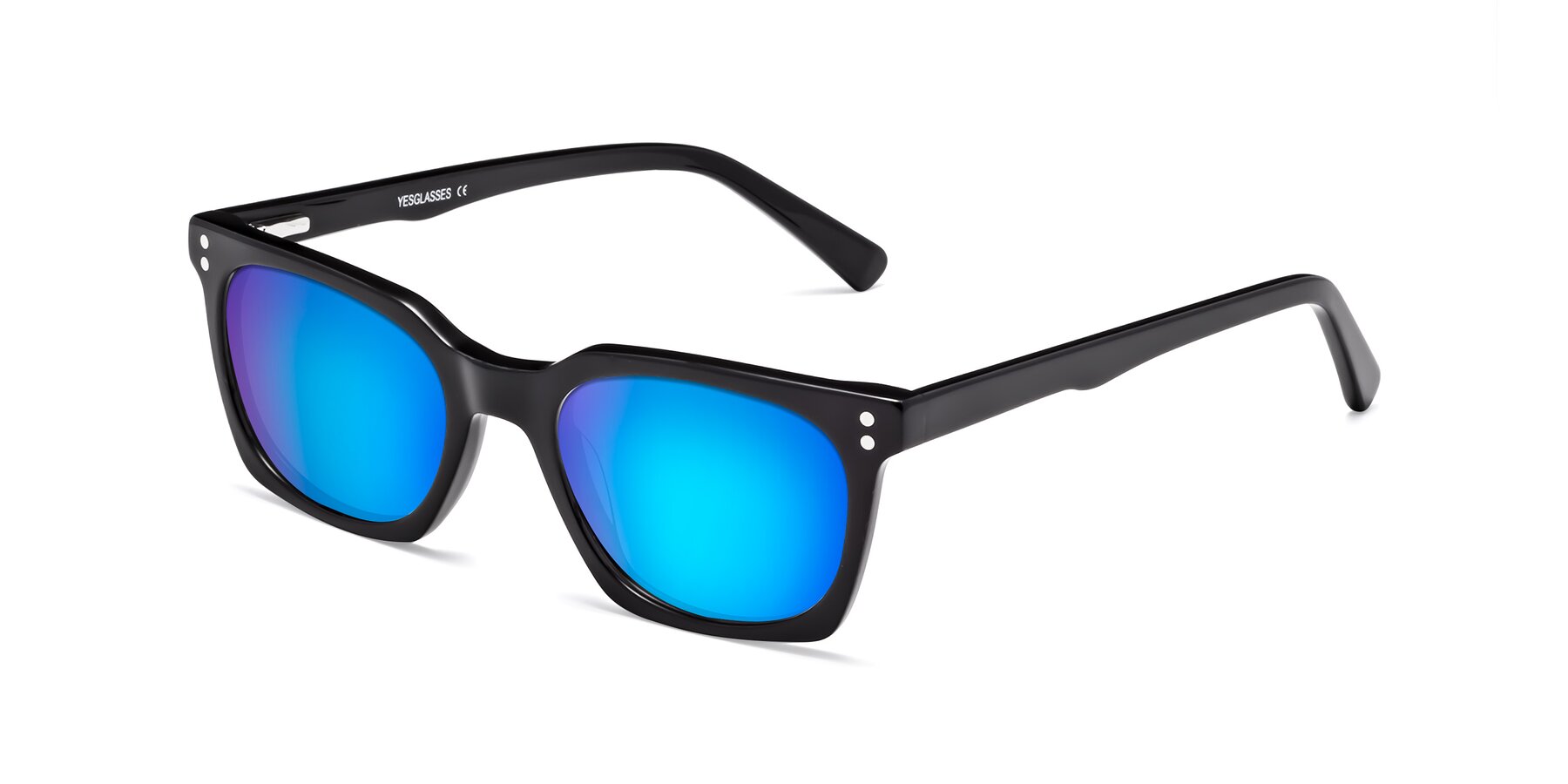 Angle of Medhi in Black with Blue Mirrored Lenses