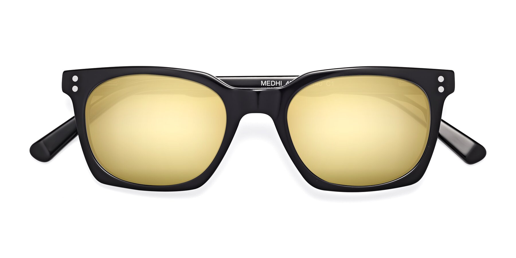 Folded Front of Medhi in Black with Gold Mirrored Lenses
