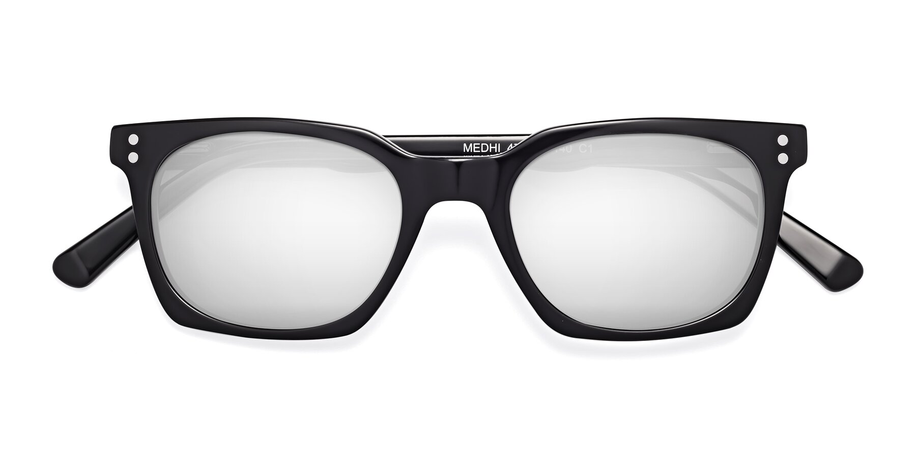 Folded Front of Medhi in Black with Silver Mirrored Lenses