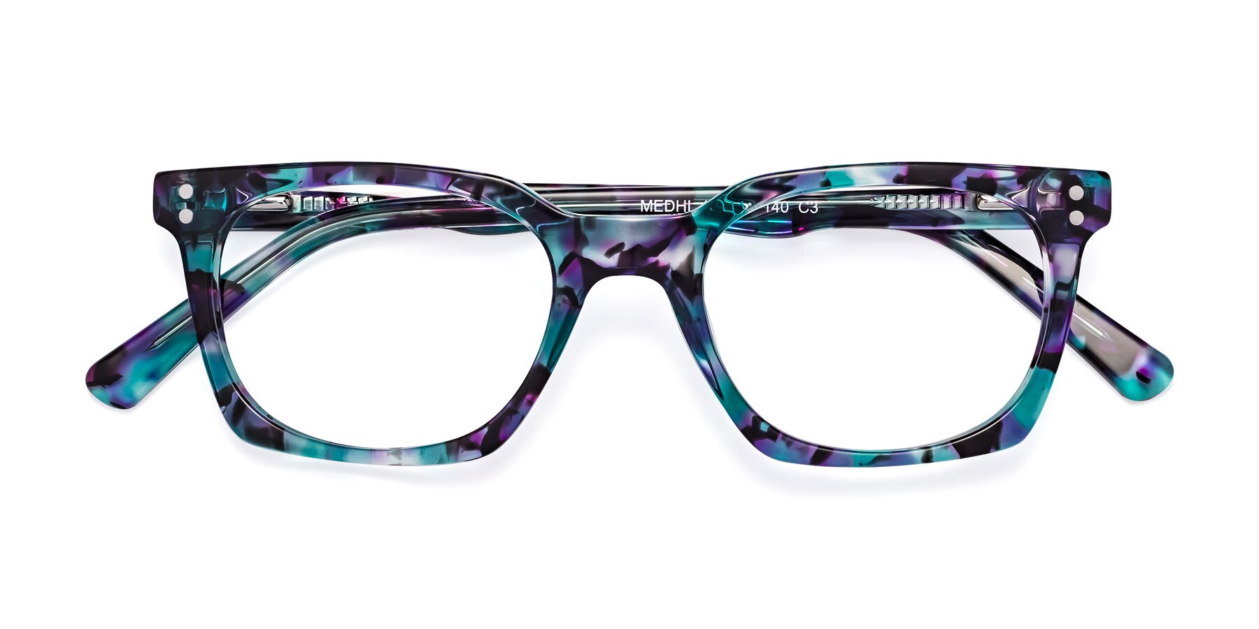 Folded Front of Medhi in Floral Blue with Clear Eyeglass Lenses