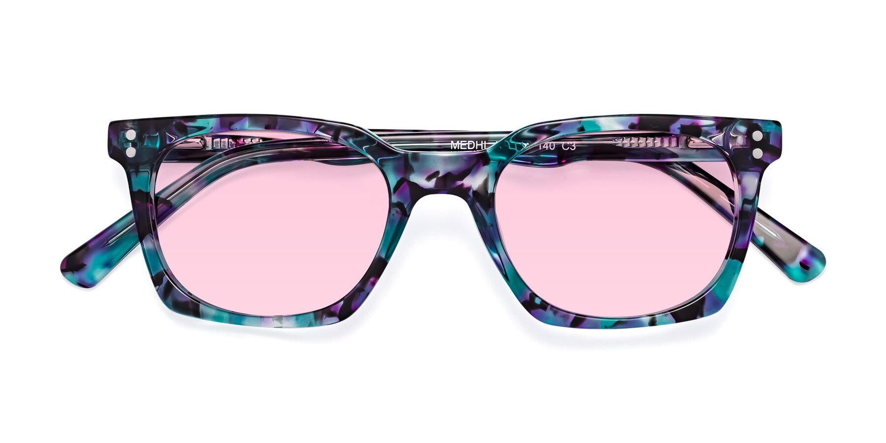 Folded Front of Medhi in Floral Blue with Light Pink Tinted Lenses