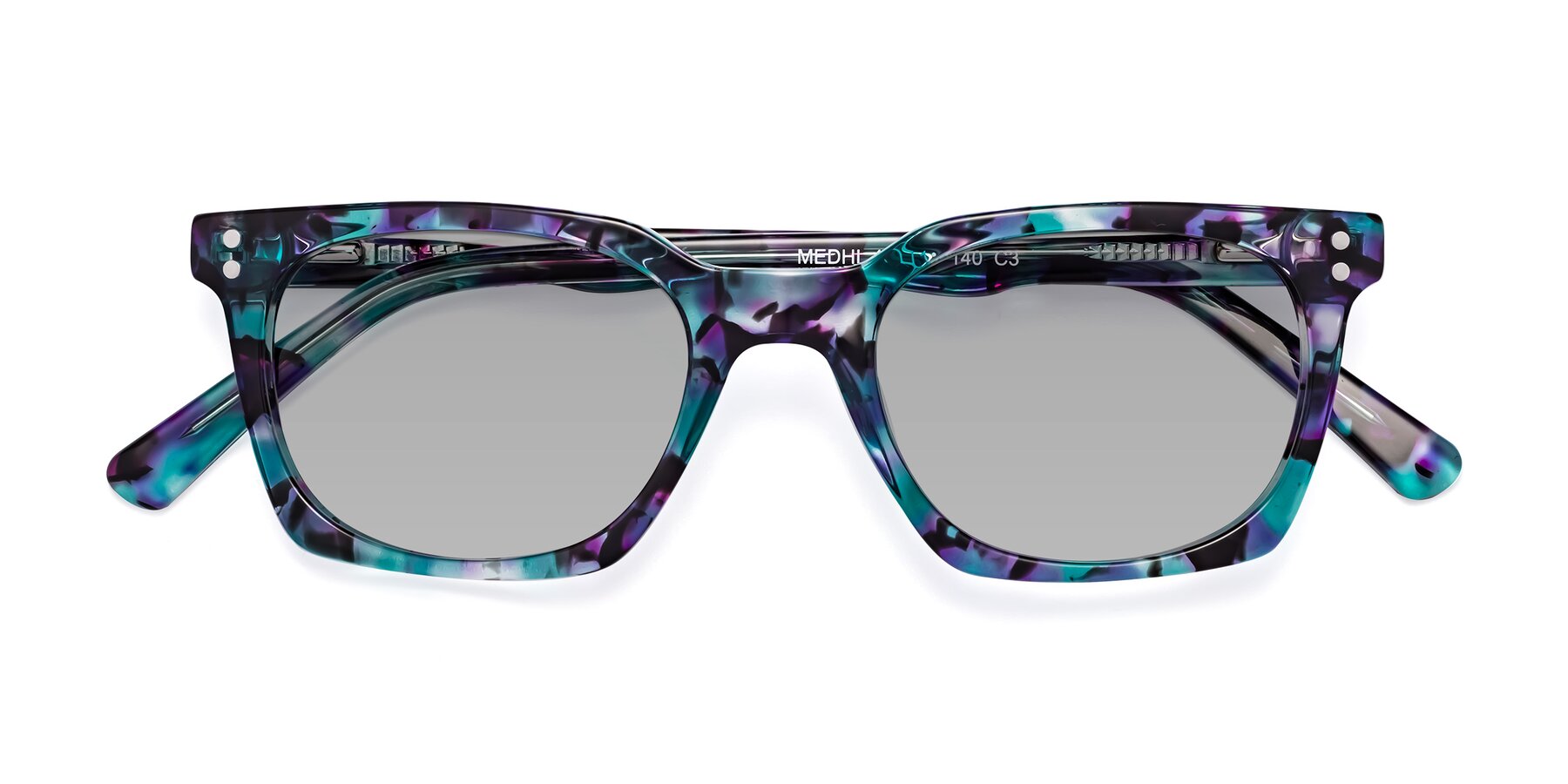 Folded Front of Medhi in Floral Blue with Light Gray Tinted Lenses