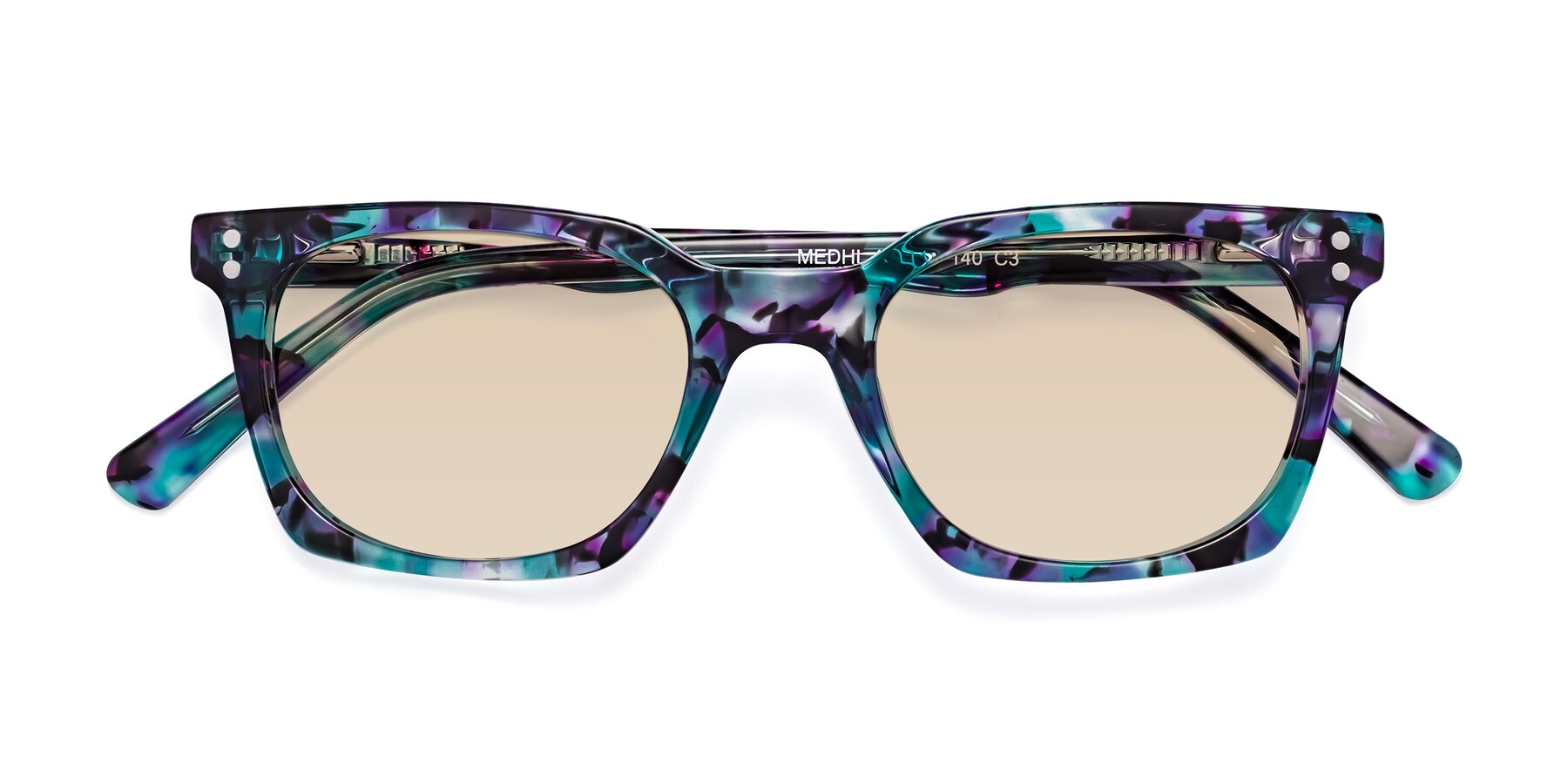 Folded Front of Medhi in Floral Blue with Light Brown Tinted Lenses