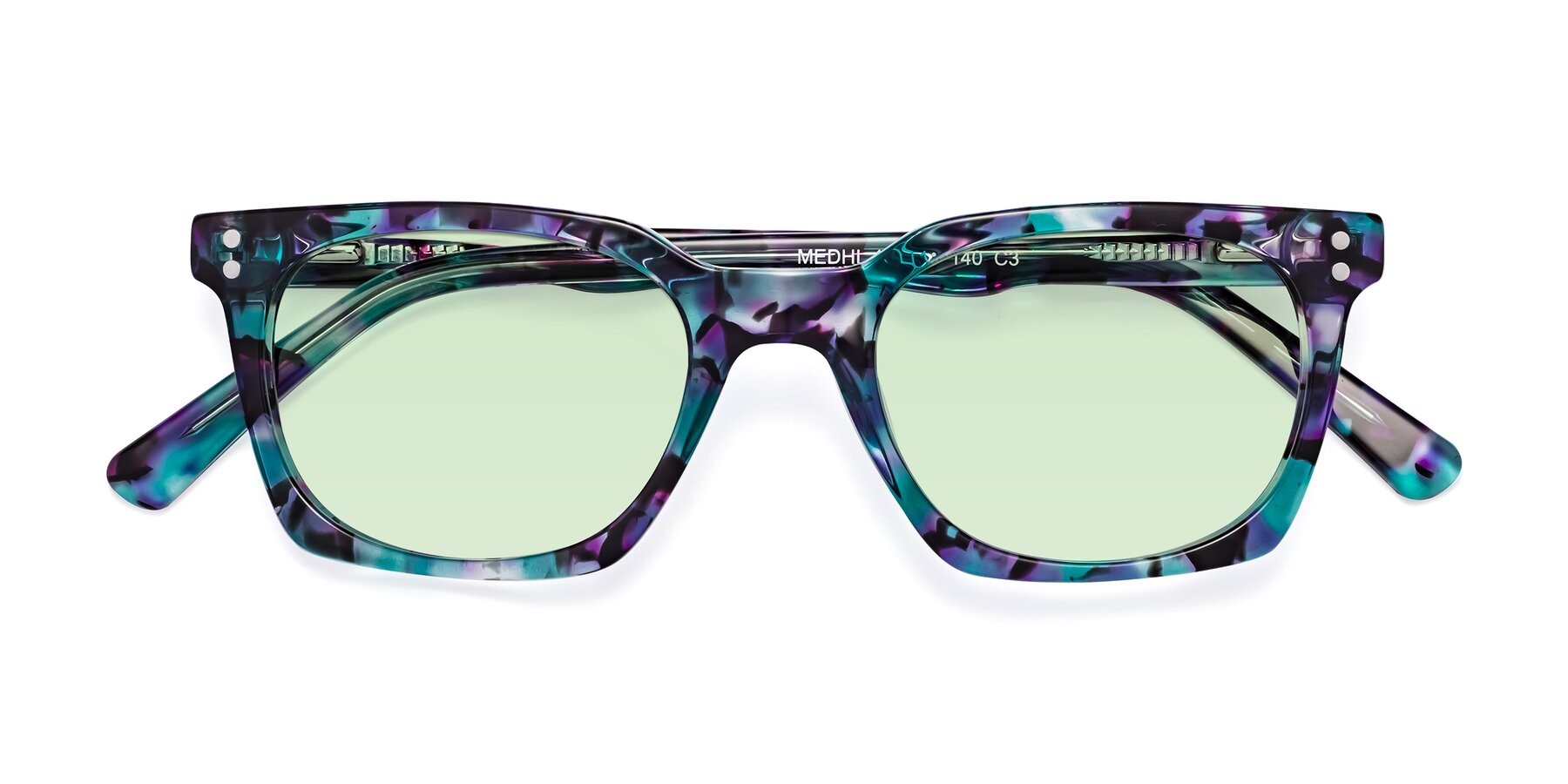 Folded Front of Medhi in Floral Blue with Light Green Tinted Lenses