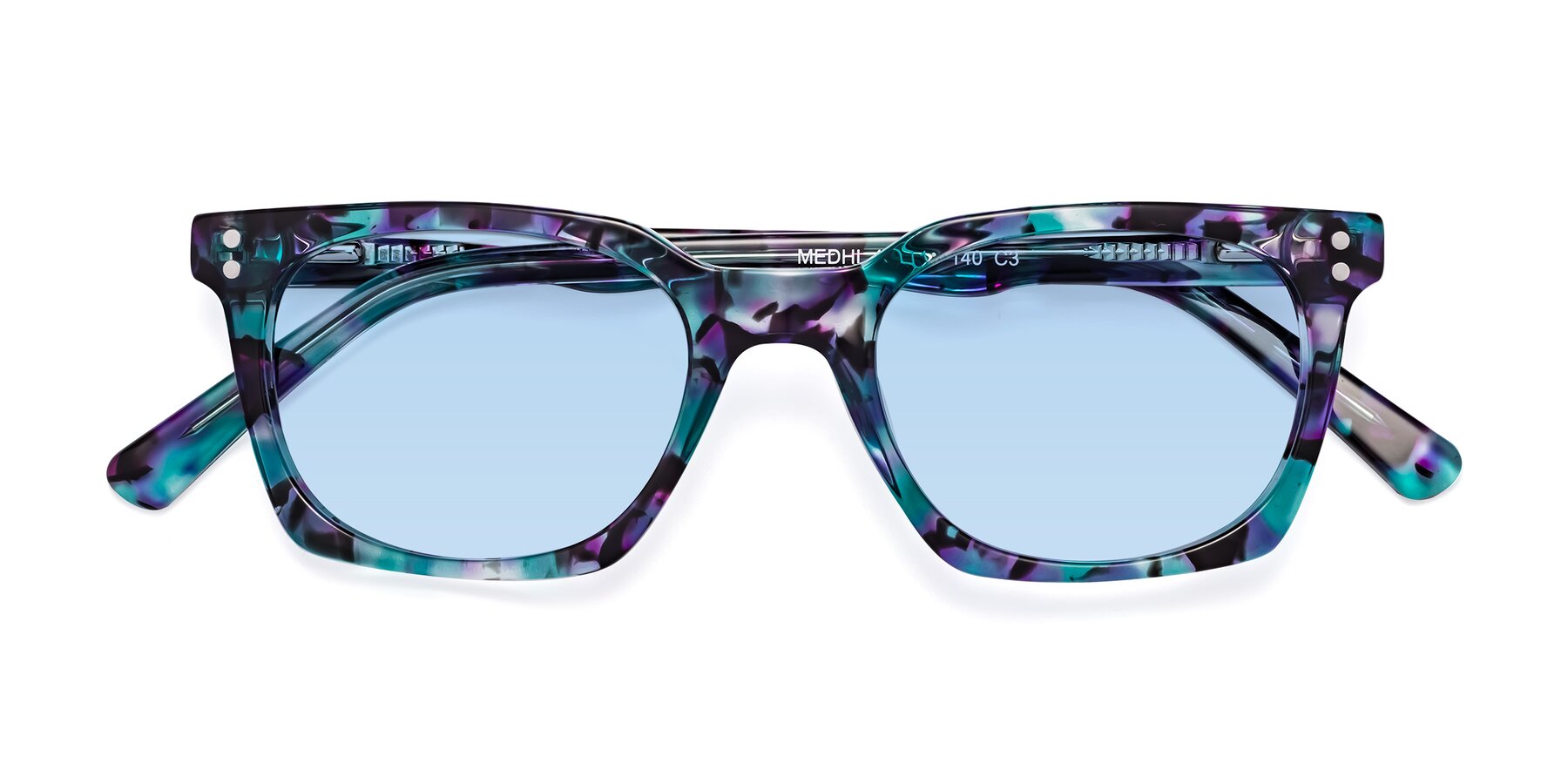 Folded Front of Medhi in Floral Blue with Light Blue Tinted Lenses