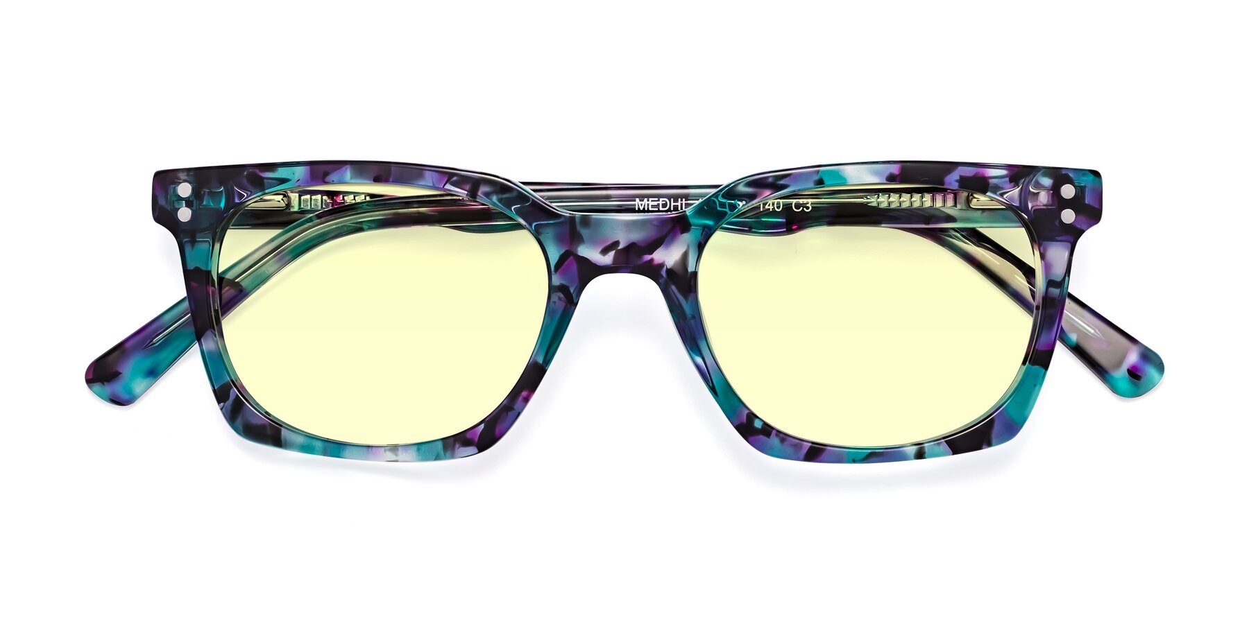 Folded Front of Medhi in Floral Blue with Light Yellow Tinted Lenses