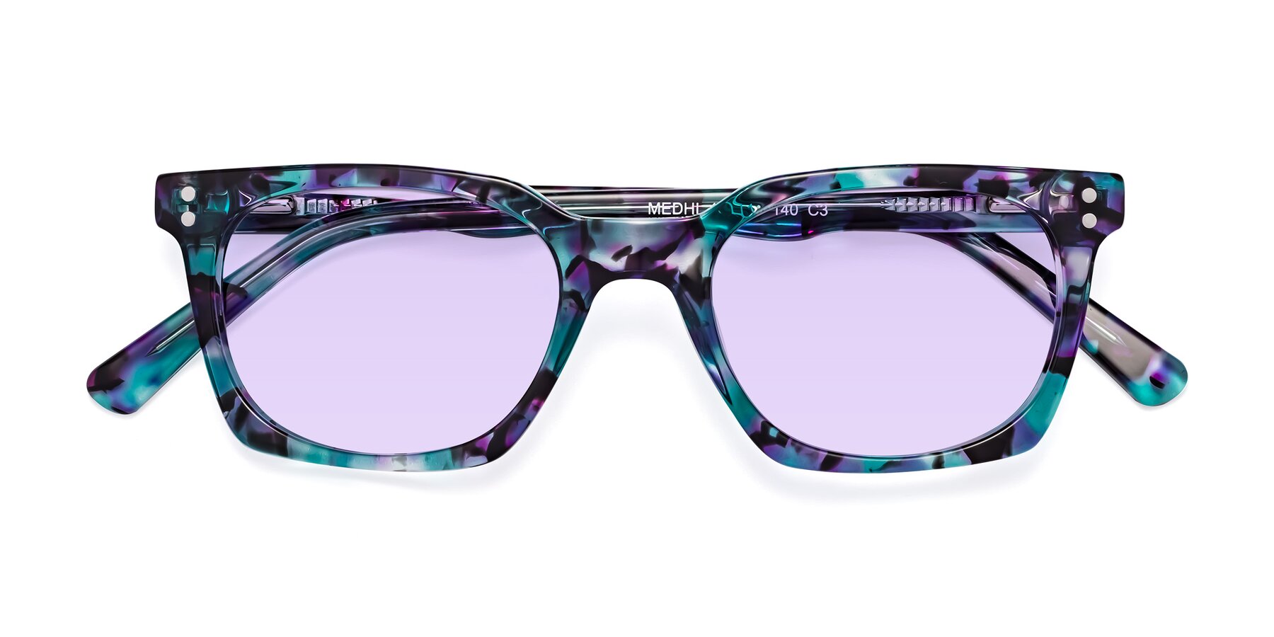 Folded Front of Medhi in Floral Blue with Light Purple Tinted Lenses
