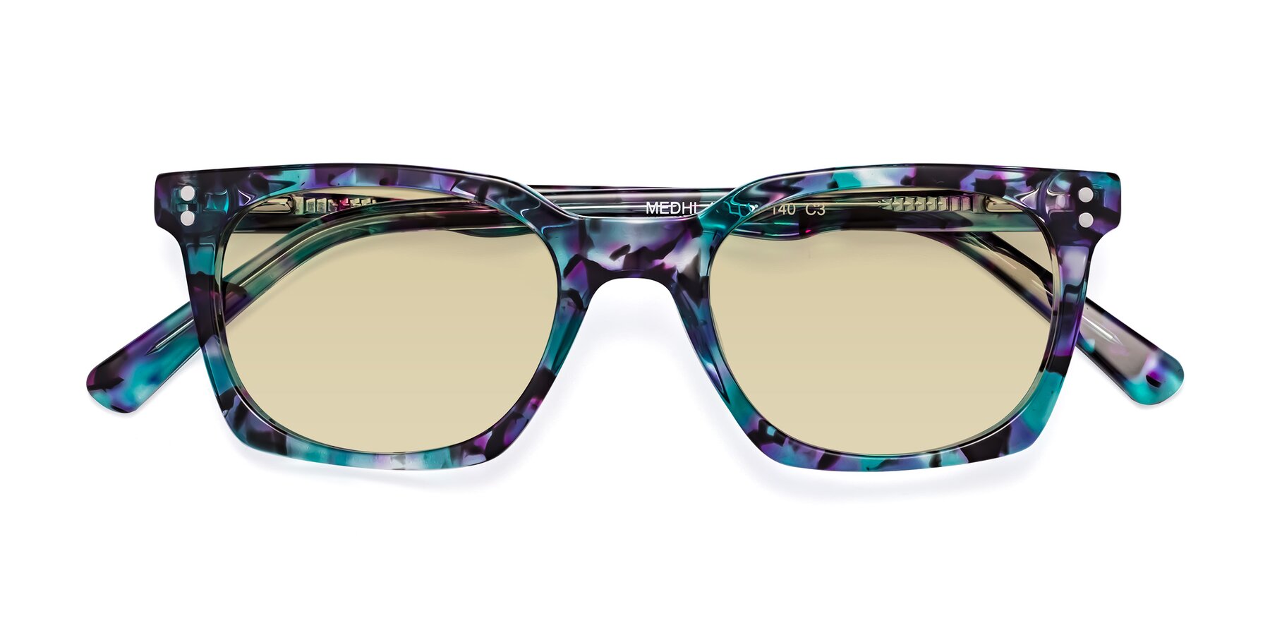 Folded Front of Medhi in Floral Blue with Light Champagne Tinted Lenses
