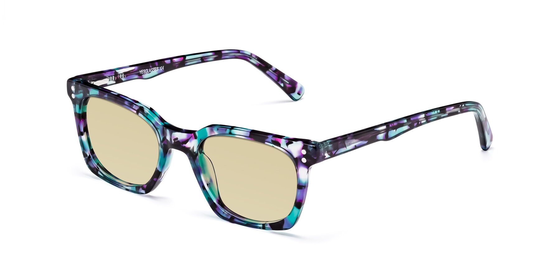 Angle of Medhi in Floral Blue with Light Champagne Tinted Lenses