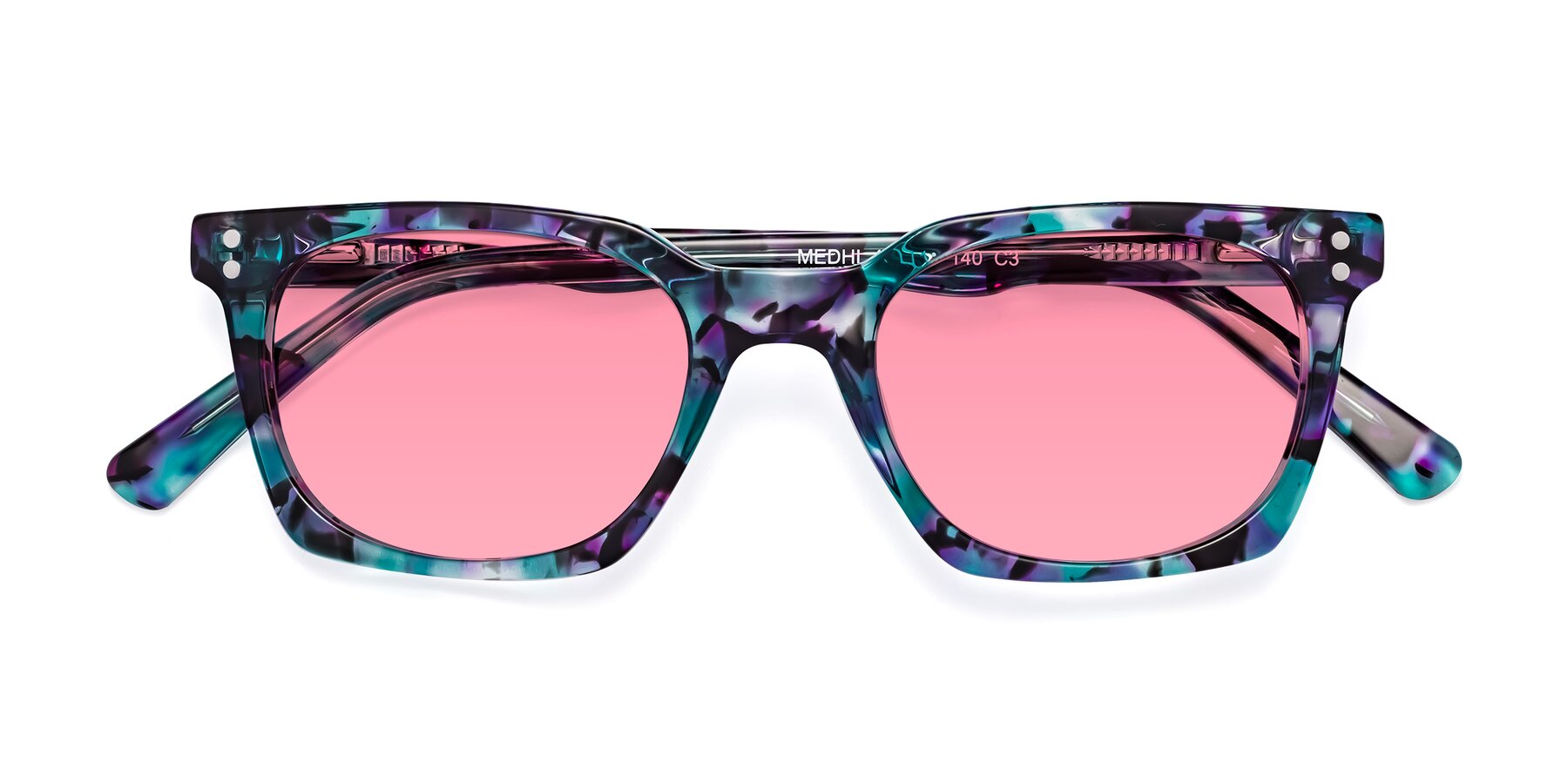 Folded Front of Medhi in Floral Blue with Pink Tinted Lenses