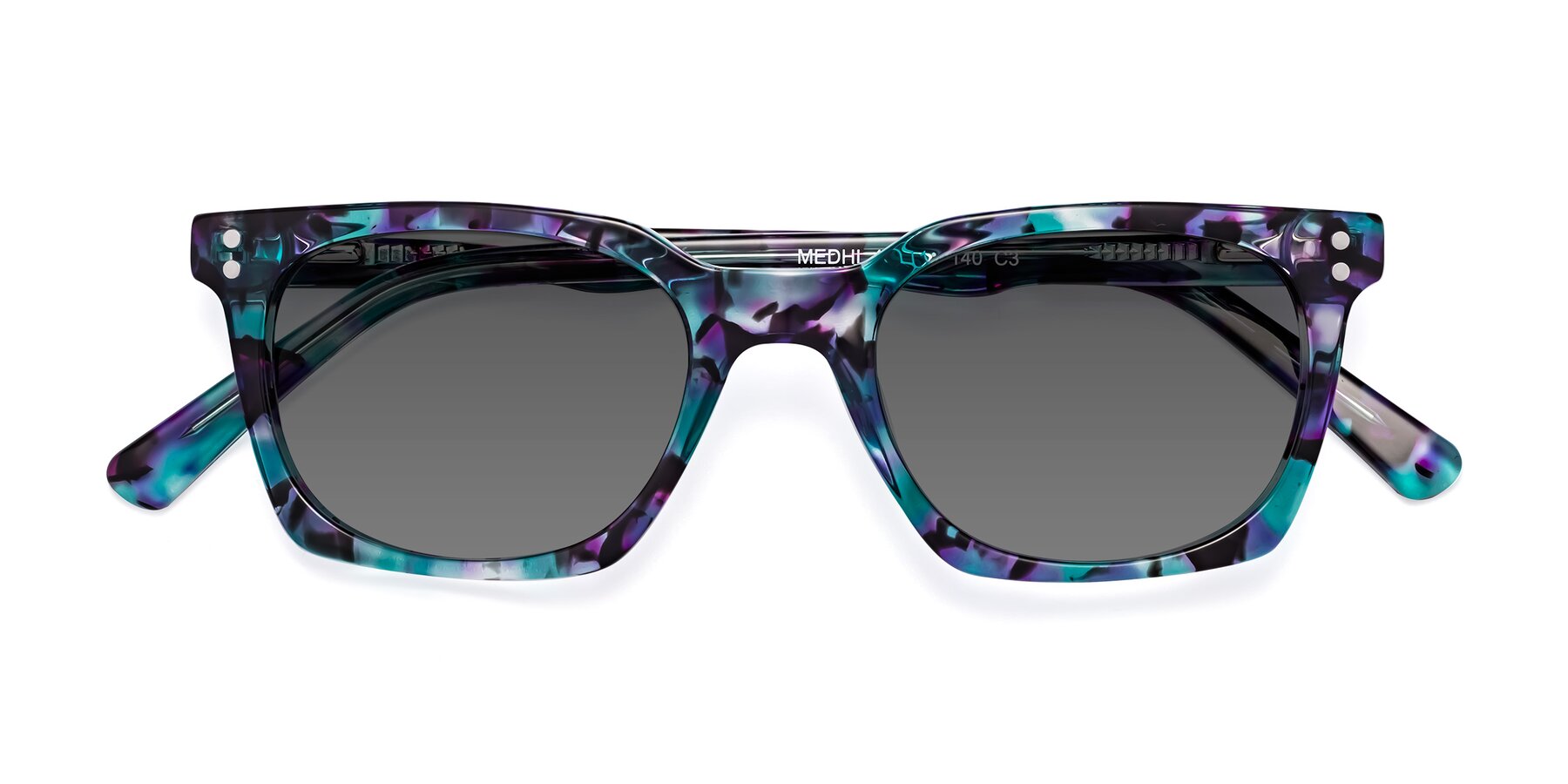 Folded Front of Medhi in Floral Blue with Medium Gray Tinted Lenses
