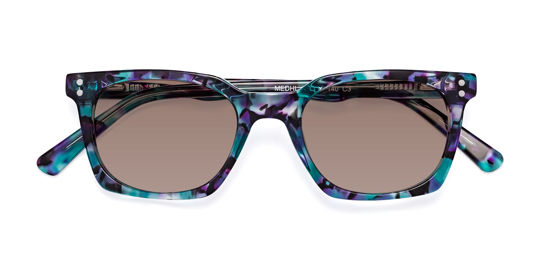 Folded Front of Medhi in Floral Blue with Medium Brown Tinted Lenses