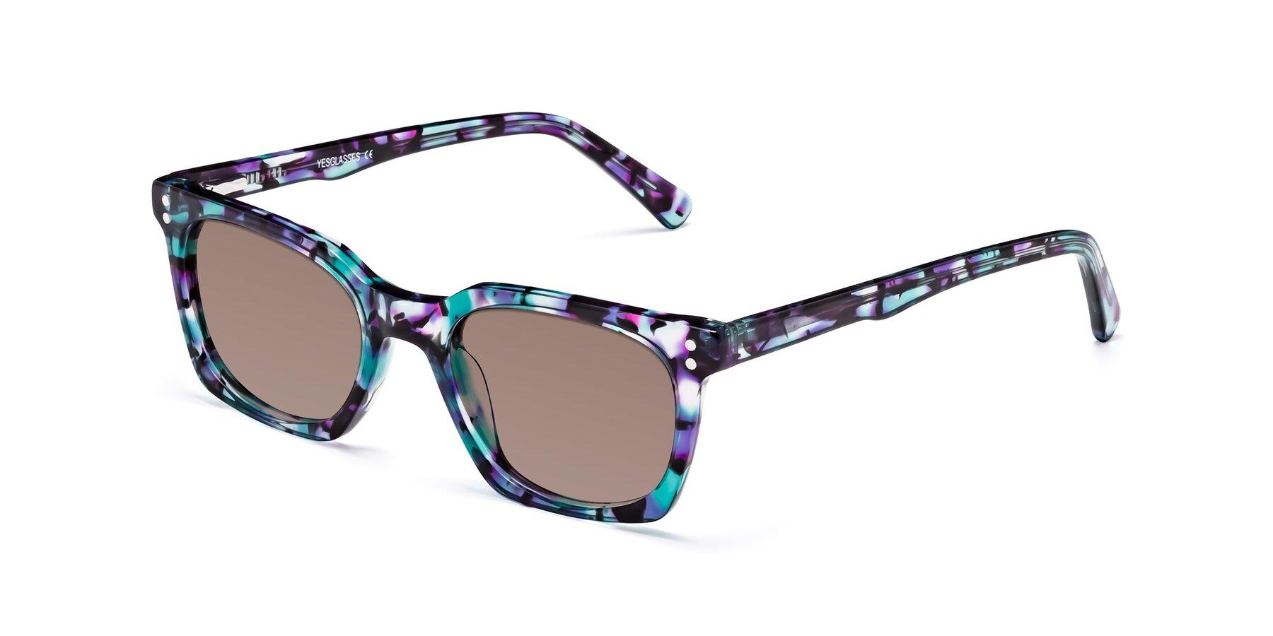 Angle of Medhi in Floral Blue with Medium Brown Tinted Lenses