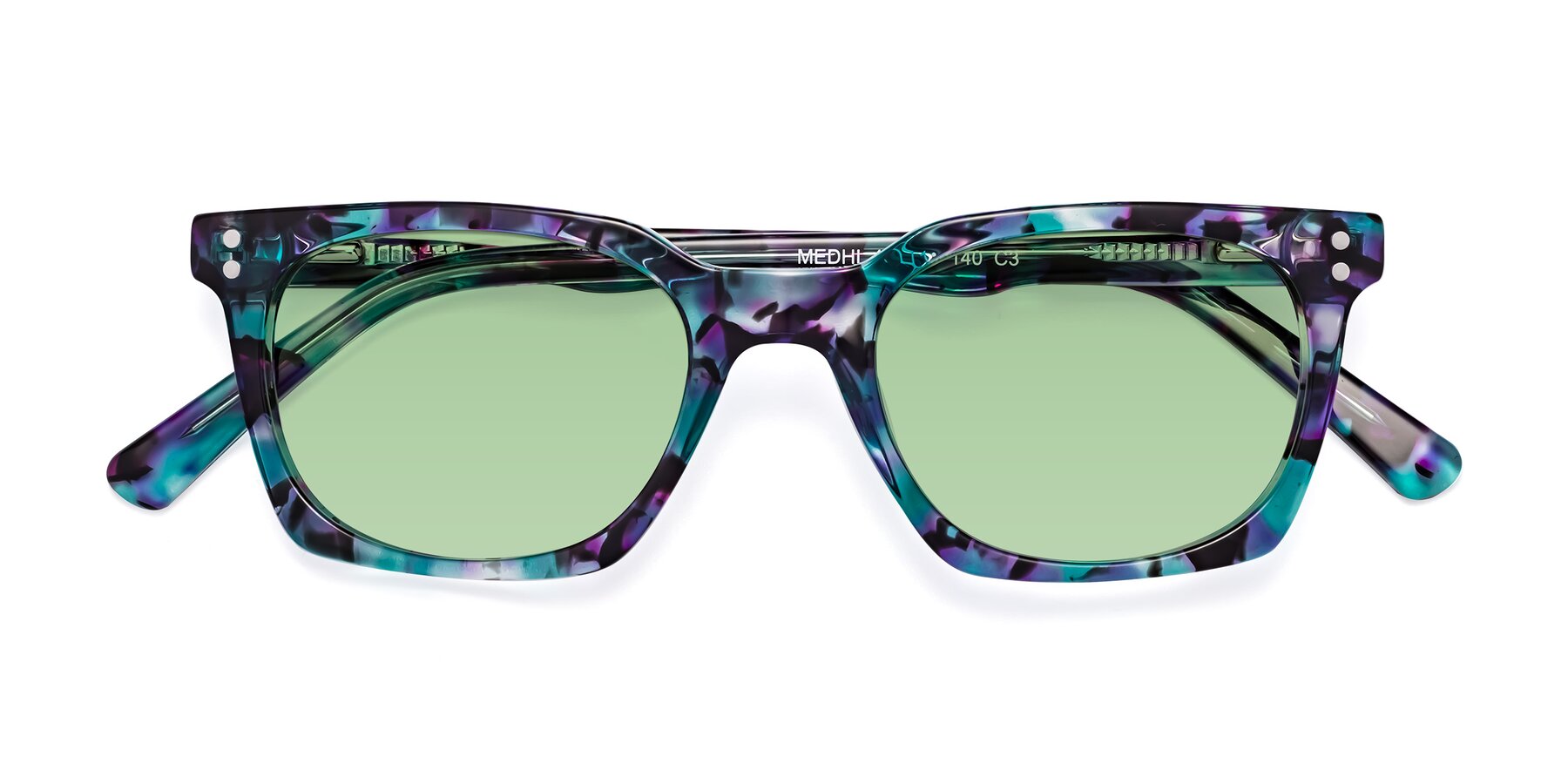Folded Front of Medhi in Floral Blue with Medium Green Tinted Lenses