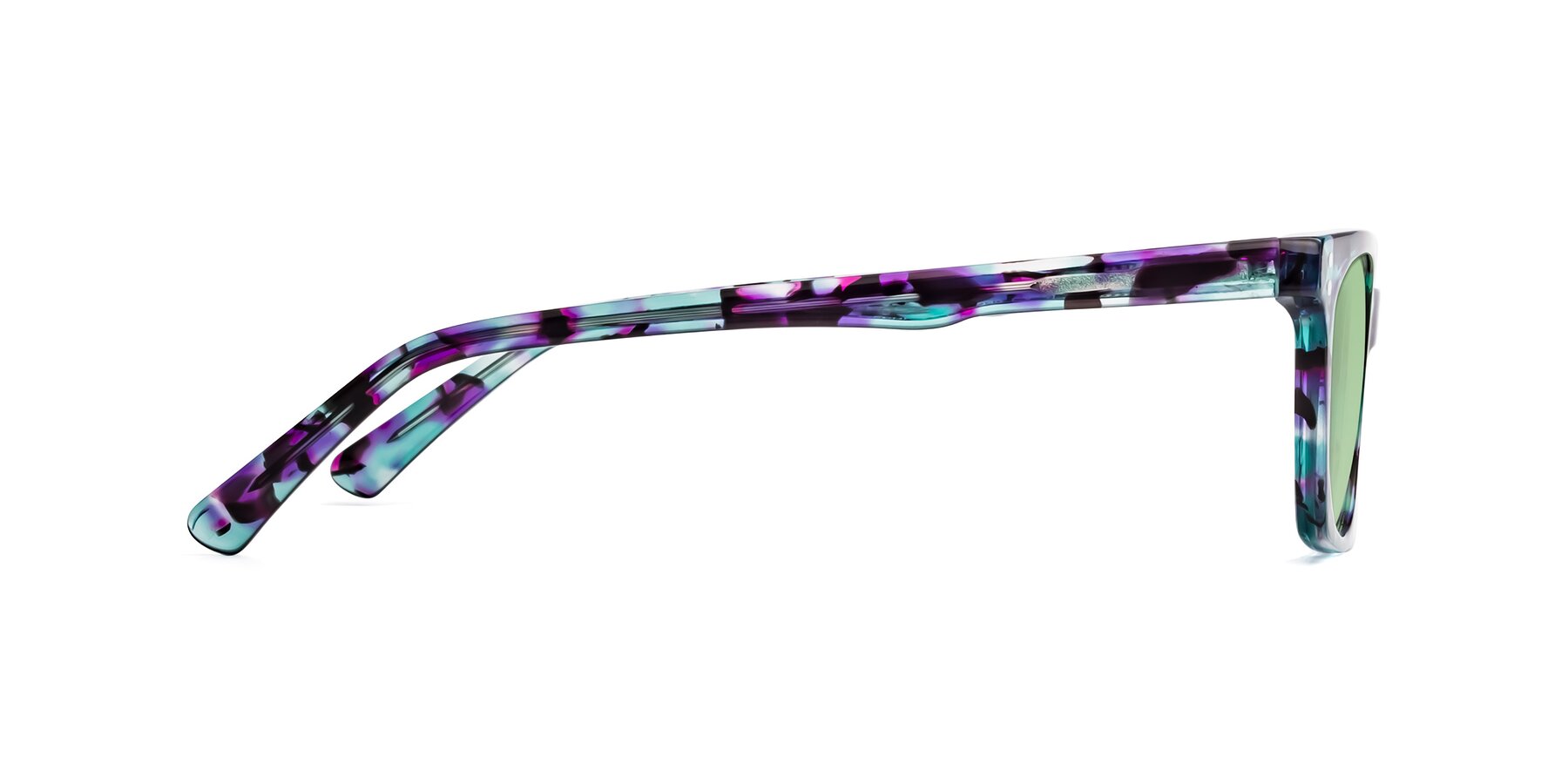 Side of Medhi in Floral Blue with Medium Green Tinted Lenses