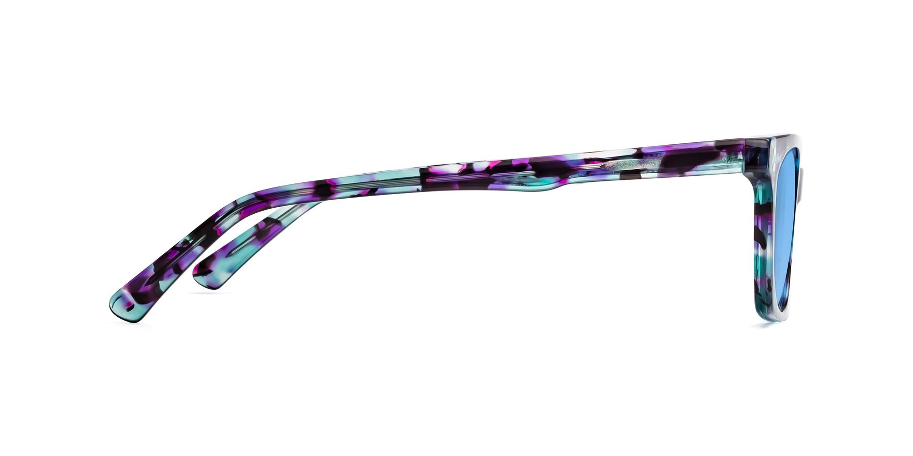 Side of Medhi in Floral Blue with Medium Blue Tinted Lenses