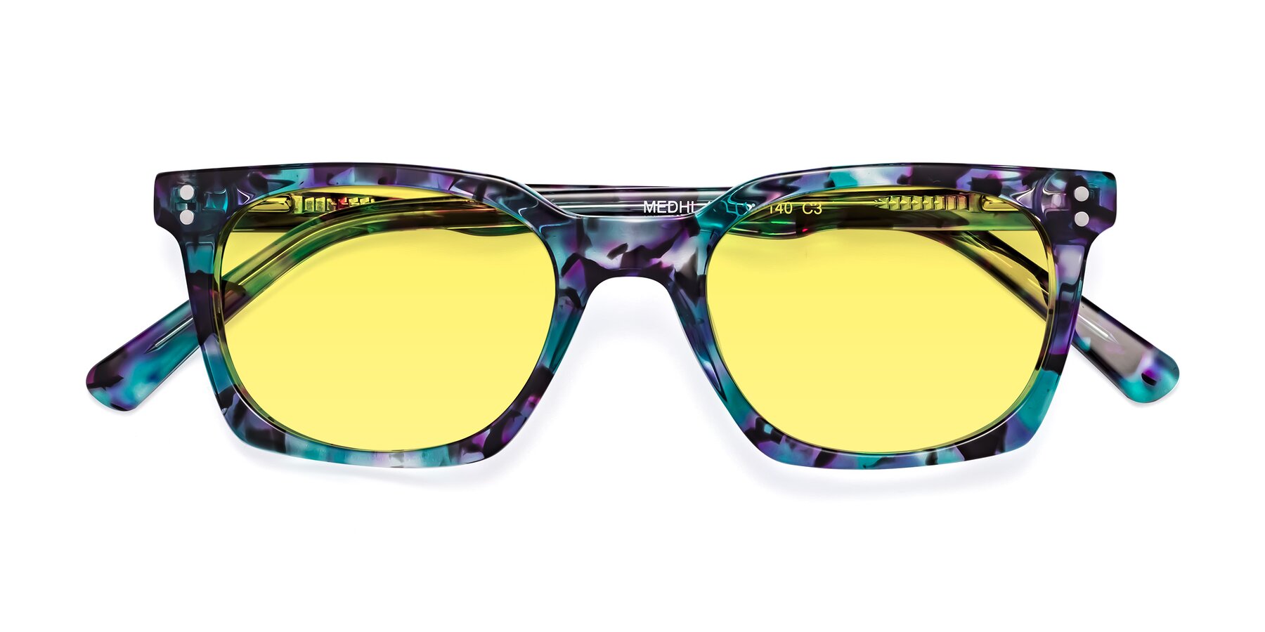 Folded Front of Medhi in Floral Blue with Medium Yellow Tinted Lenses