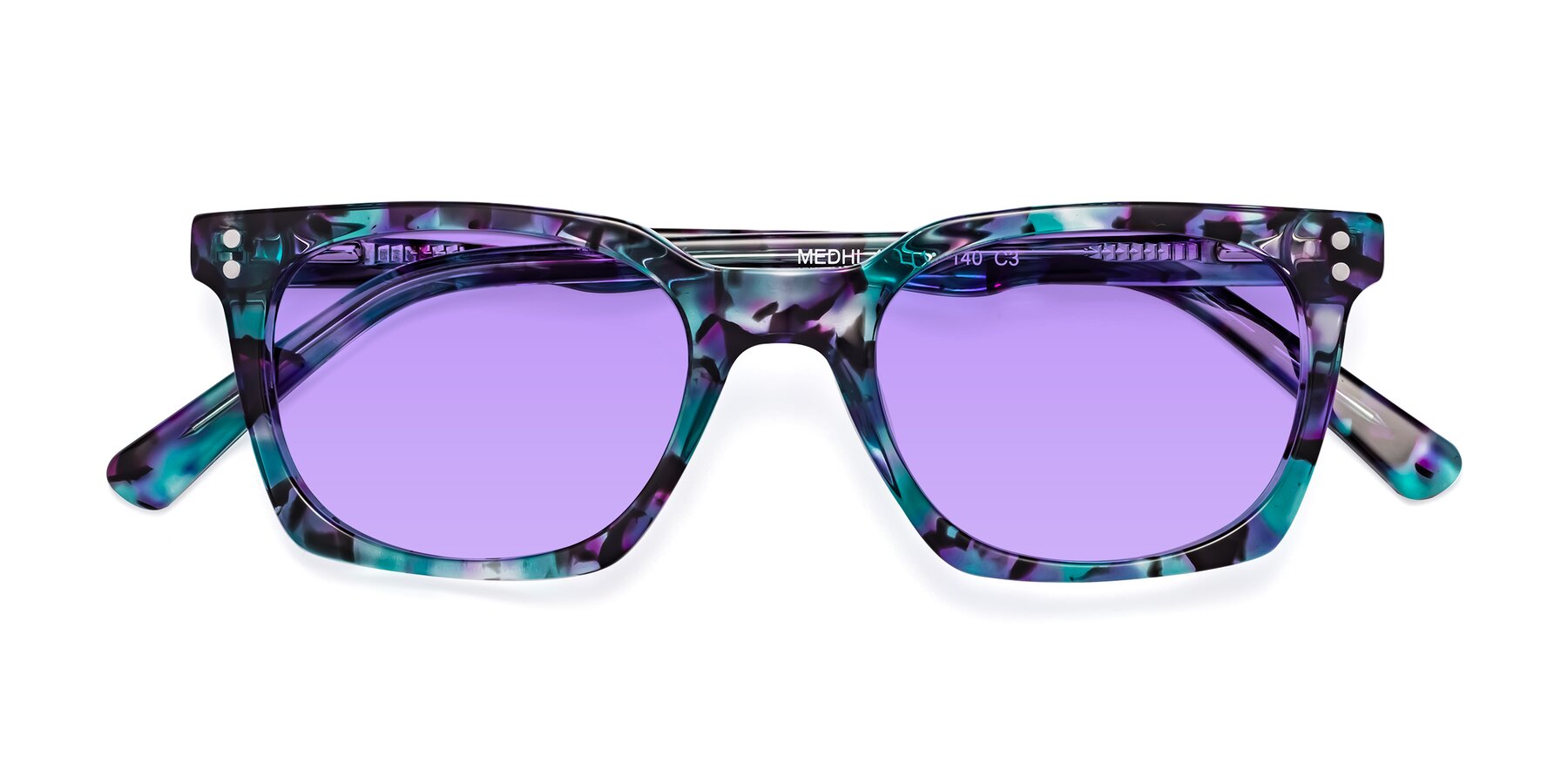 Folded Front of Medhi in Floral Blue with Medium Purple Tinted Lenses