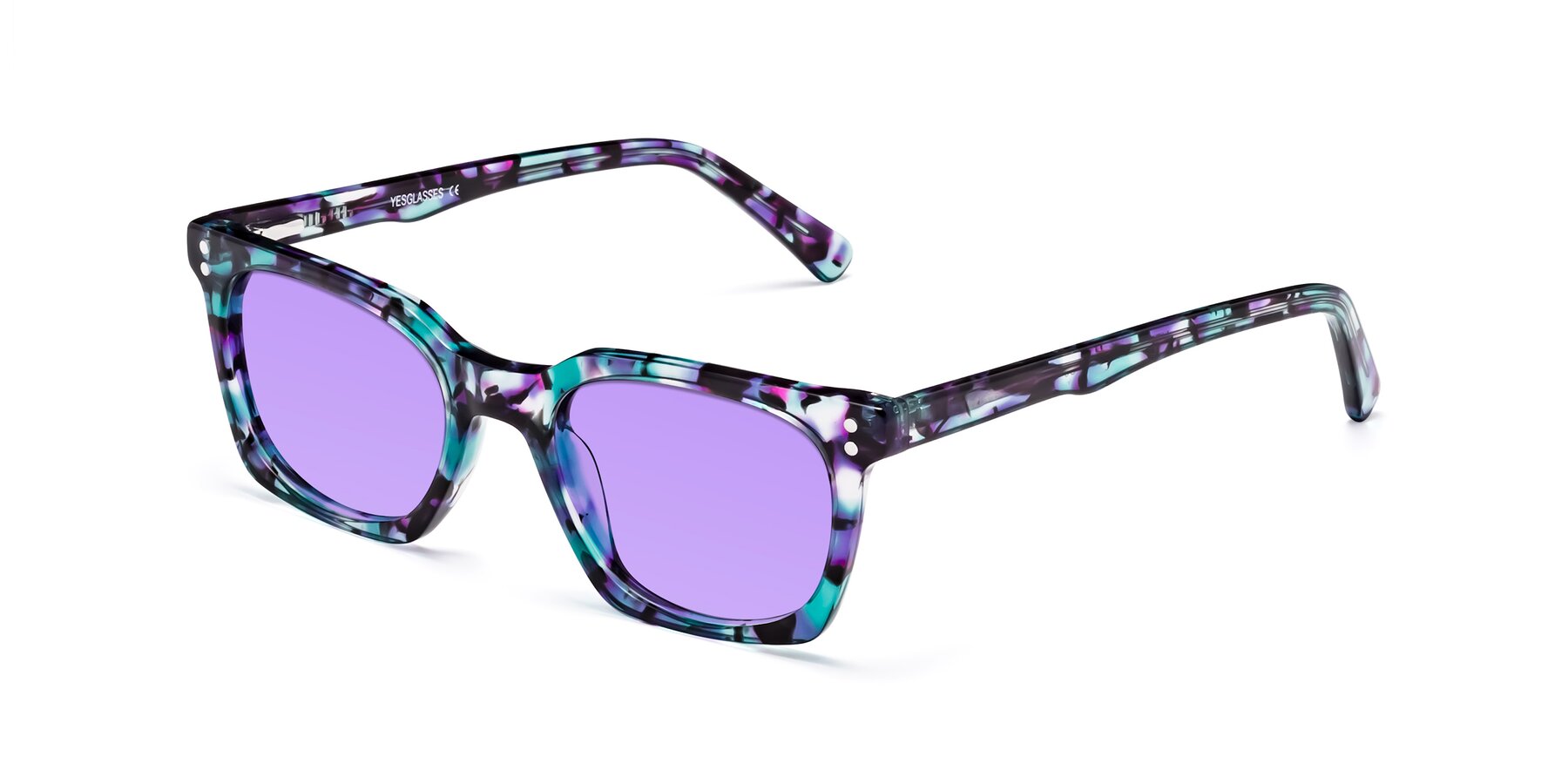 Angle of Medhi in Floral Blue with Medium Purple Tinted Lenses