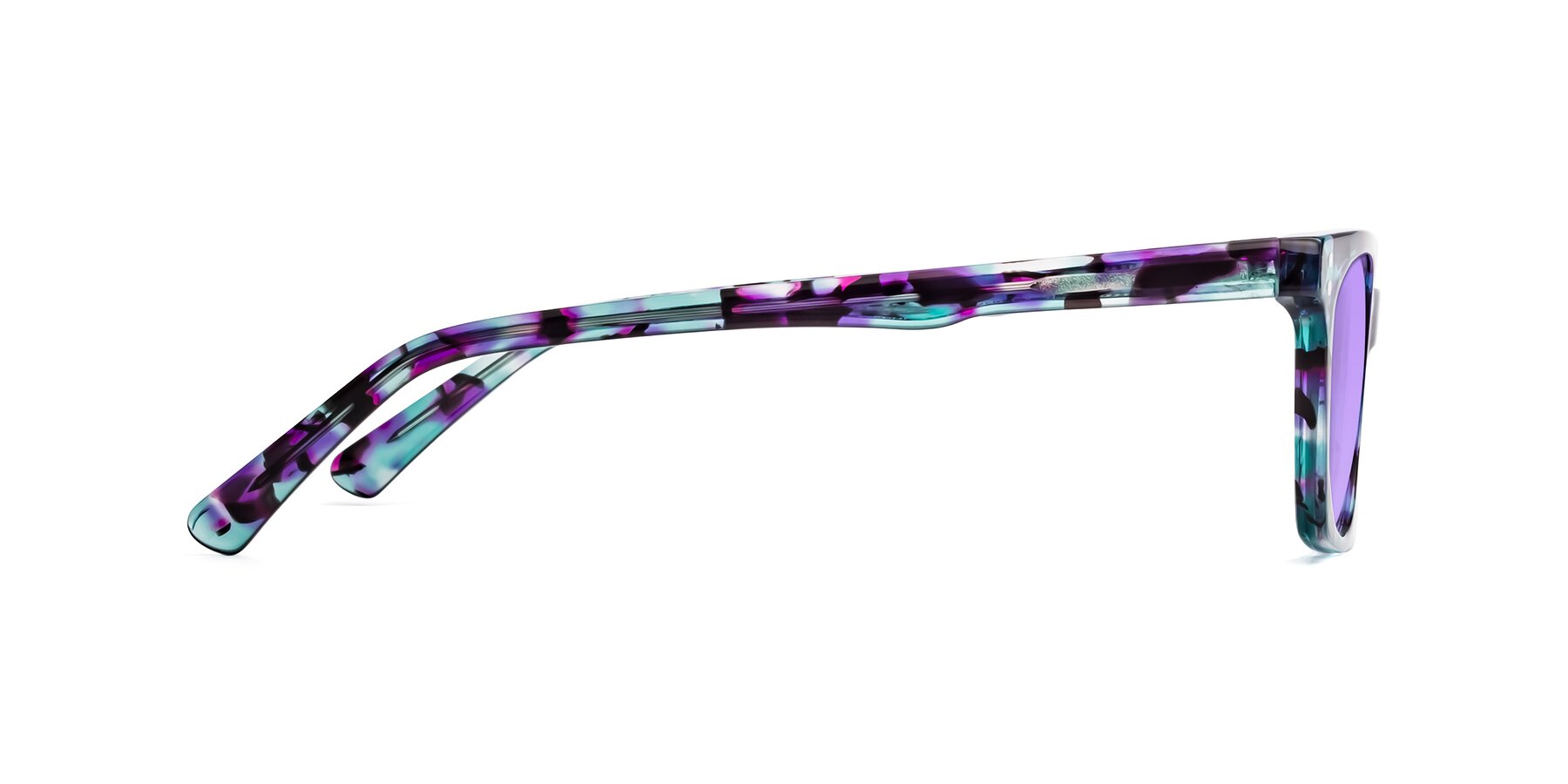 Side of Medhi in Floral Blue with Medium Purple Tinted Lenses
