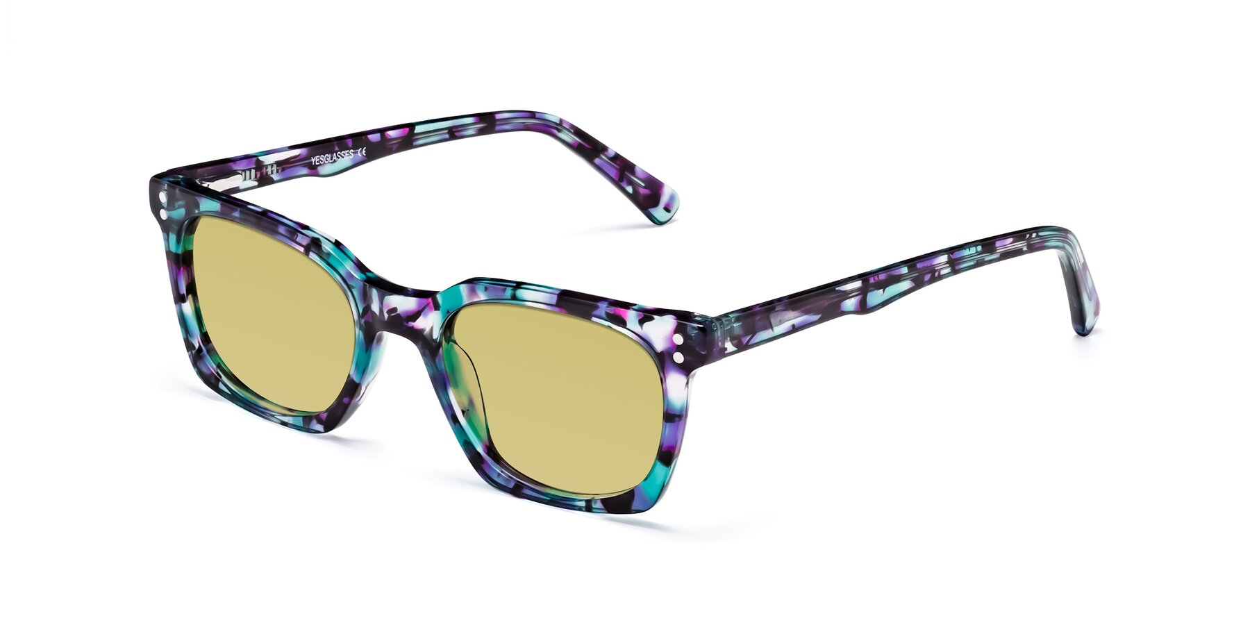 Angle of Medhi in Floral Blue with Medium Champagne Tinted Lenses