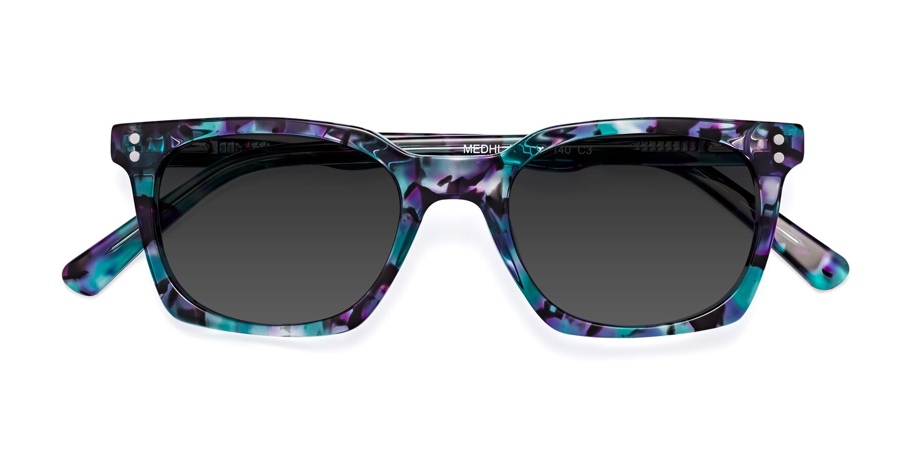 Folded Front of Medhi in Floral Blue with Gray Tinted Lenses