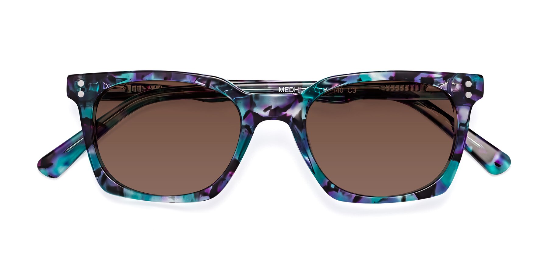 Folded Front of Medhi in Floral Blue with Brown Tinted Lenses