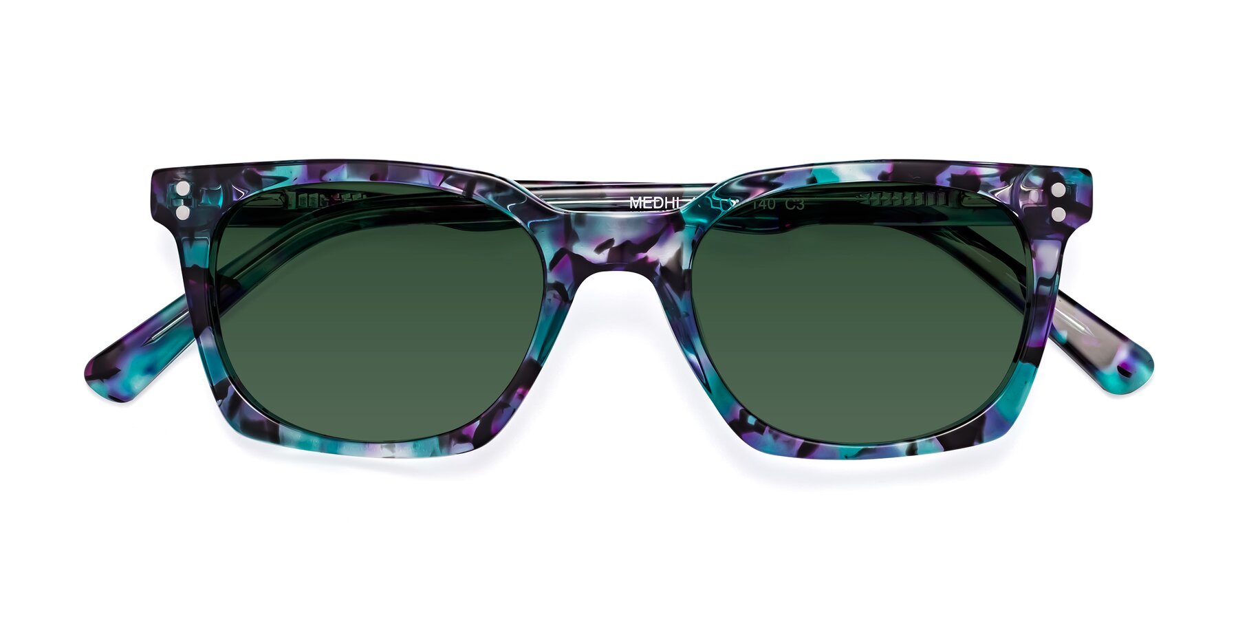 Folded Front of Medhi in Floral Blue with Green Tinted Lenses