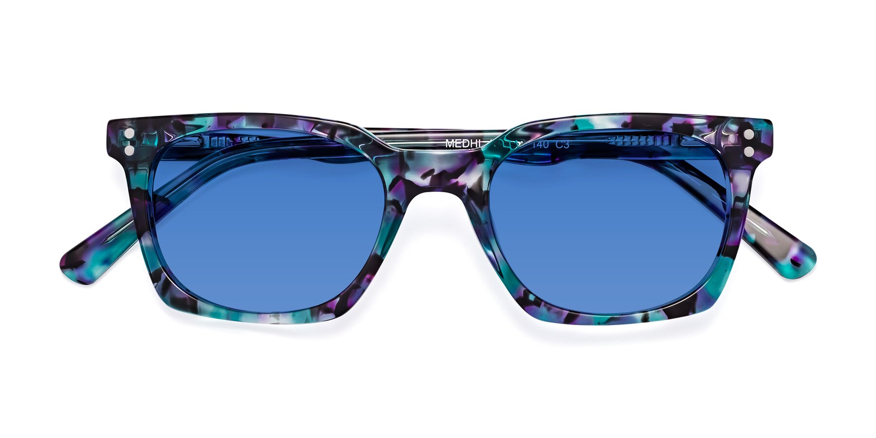 Folded Front of Medhi in Floral Blue with Blue Tinted Lenses