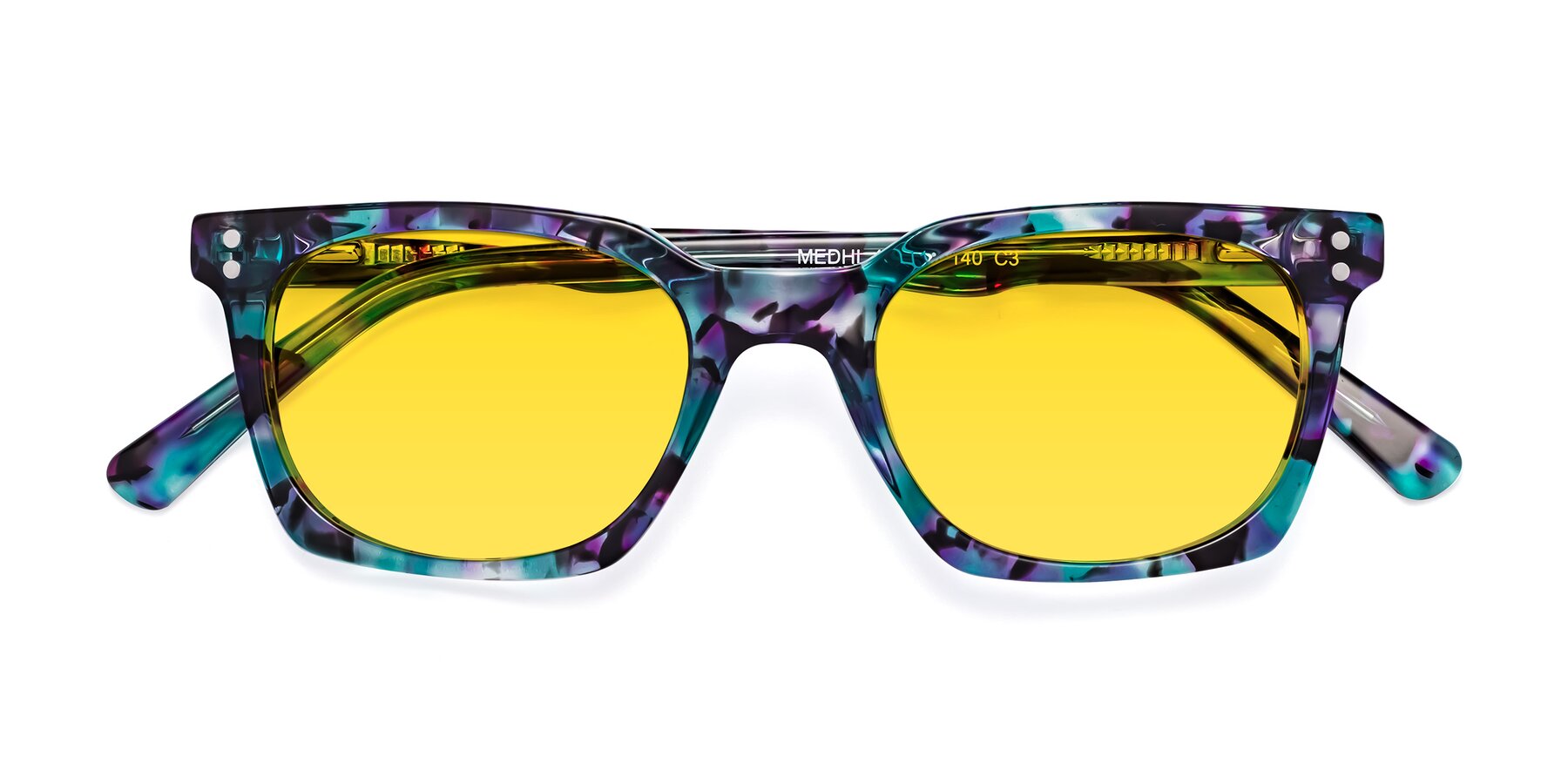 Folded Front of Medhi in Floral Blue with Yellow Tinted Lenses